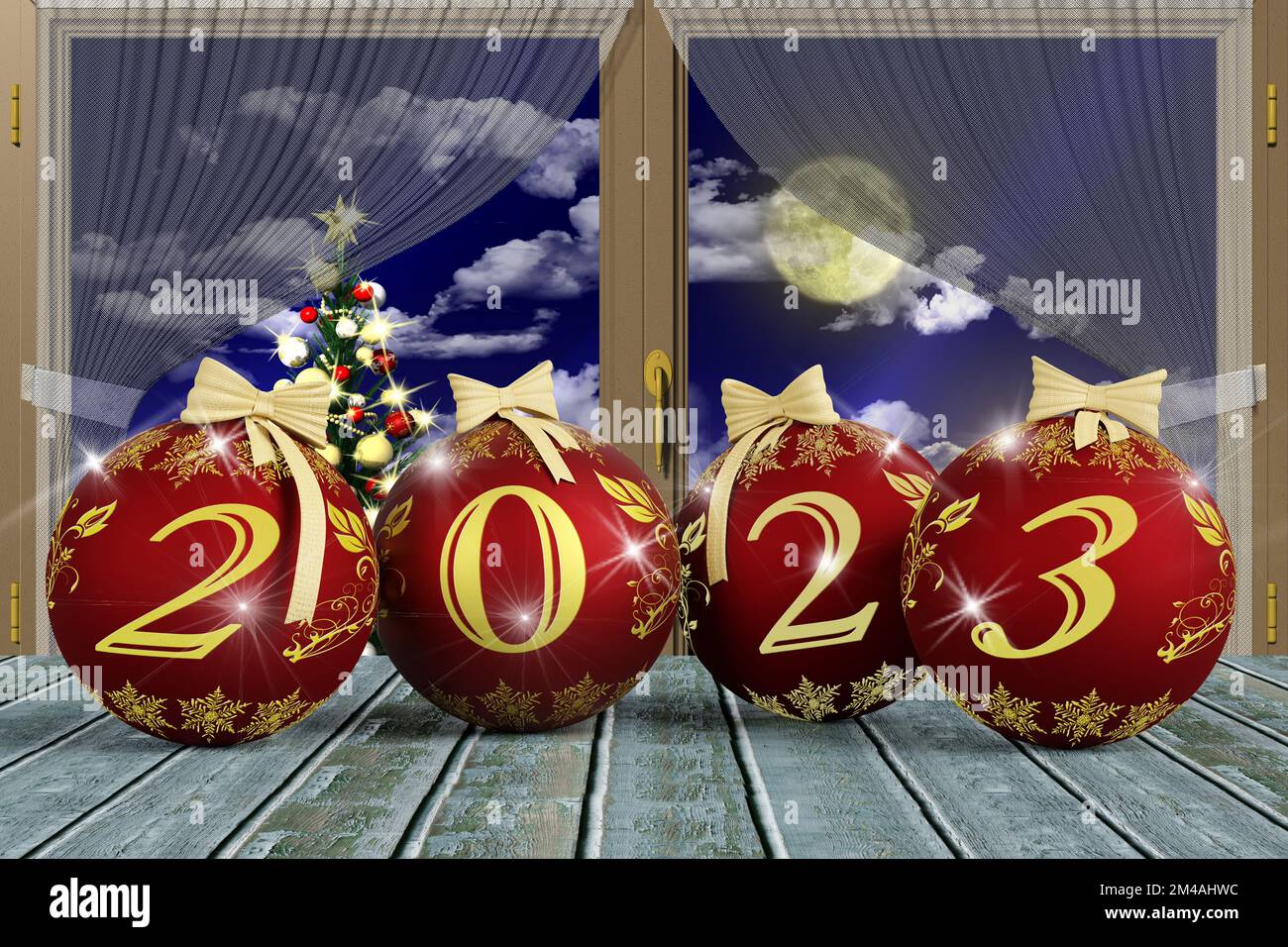 Illustrazione 3D. Anno nuovo 2023. Capodanno 2023 in numeri e con decorazione natalizia. Foto Stock