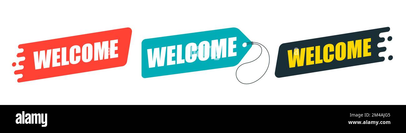 Design del banner di benvenuto. Emblema con testo Benvenuto. Illustrazione Vettoriale