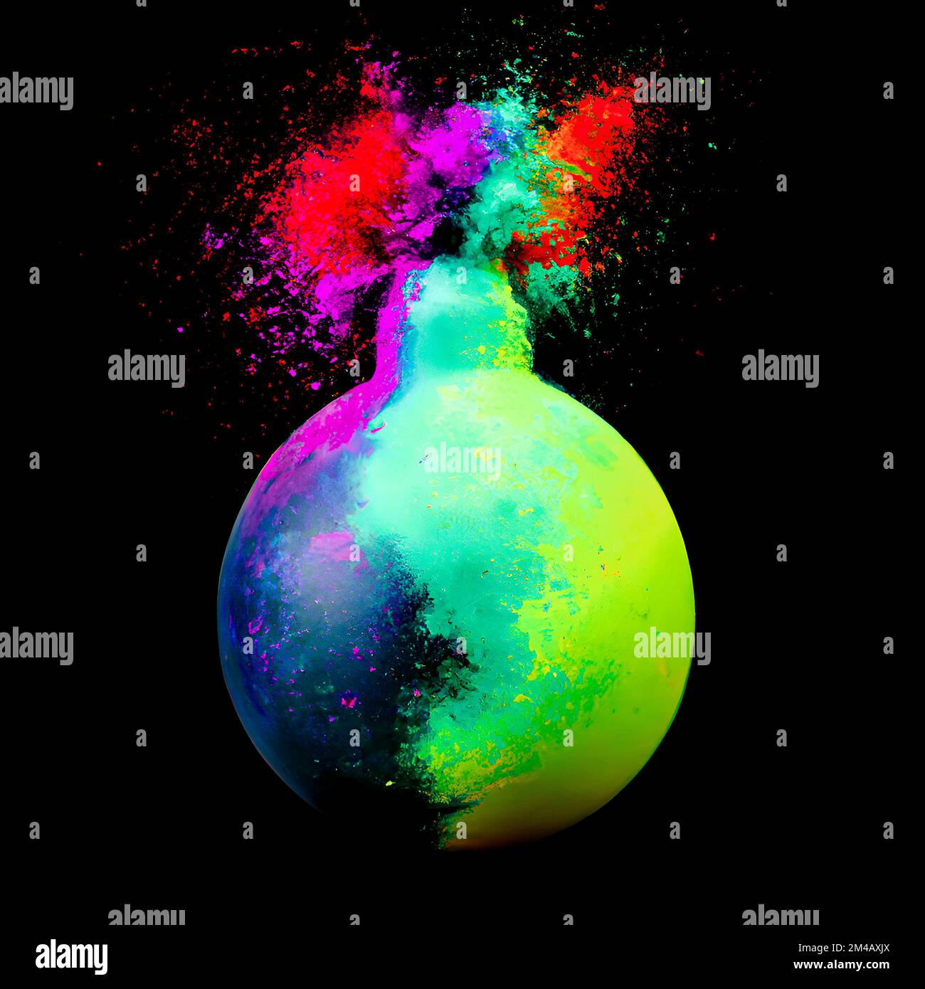 Esplosione di polvere colorata astratta su uno sfondo nero forma bomba. Polvere astratta sfondo splattato, congelamento movimento di colore polvere esplodere colore Foto Stock