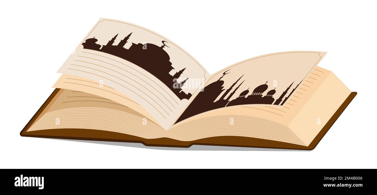 Vecchio libro arabo sacro con illustrazioni di moschea musulmana, cupola e simbolo della mezzaluna in cima. Letteratura sacra, testo antico. Vettore isolato su bianco b Illustrazione Vettoriale