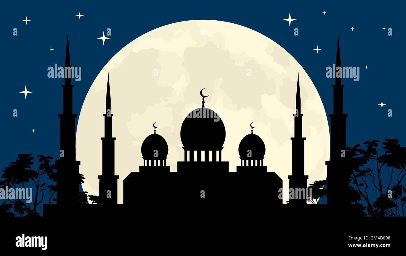 Silhouette del tempio antico con alte guglie, facciata della moschea musulmana con pareti in pietra, cupola e simbolo della mezzaluna in cima sullo sfondo di grandi metri pieni Illustrazione Vettoriale