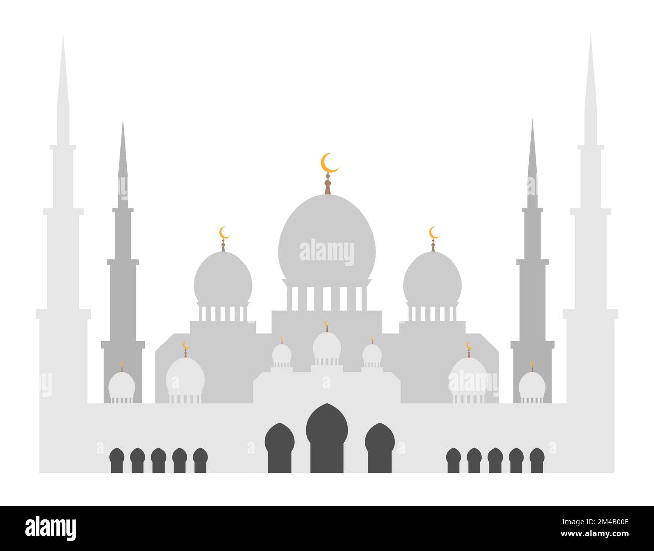 Antico tempio con alte guglie, facciata della moschea musulmana con pareti in pietra, cupola e simbolo della mezzaluna in cima. Edificio religioso per le preghiere appartamento. Vettore i Illustrazione Vettoriale