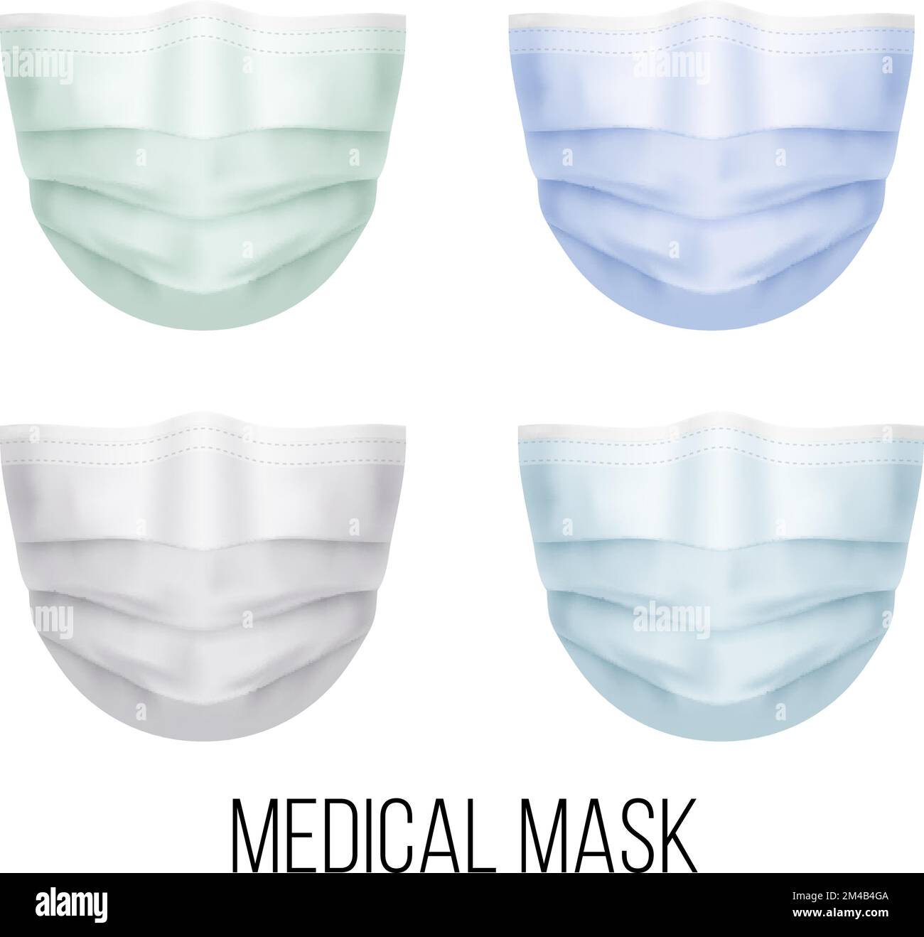 Set di maschere mediche Illustrazione realistica. Maschere respiratorie colorate. Protezione contro virus e malattie. L'ospedale protegge il viso M. Illustrazione Vettoriale