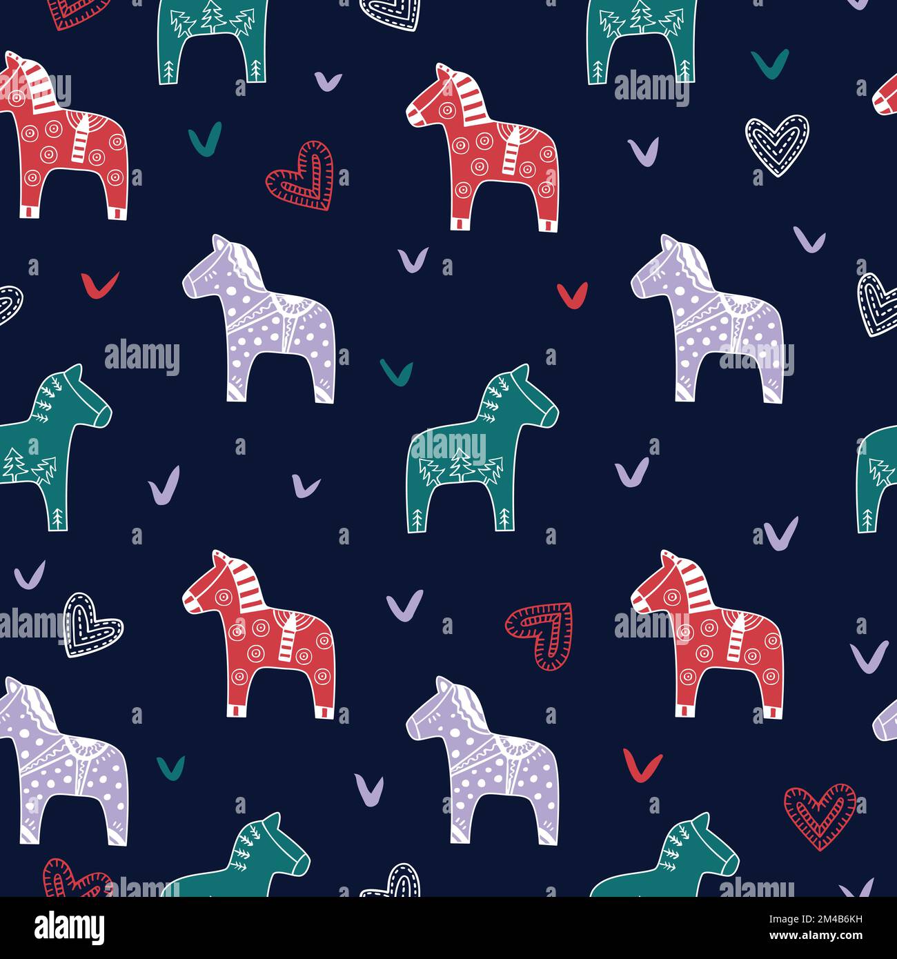 Cavalli dala con elementi decorativi boho motivo senza cuciture. Cavallo dalecarliano tradizionale statuette di legno originario della Dalarna, svedese. Scandinavi Illustrazione Vettoriale
