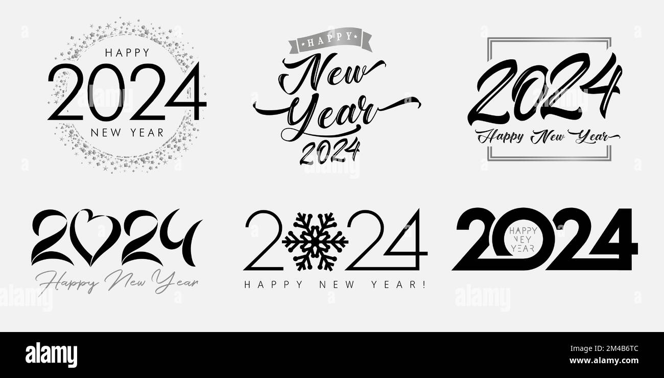 Grande set di 2024 felice anno nuovo argento e logo nero con cuore, neve, simboli letterari. Collezione creativa di Capodanno 2024. design a 2024 numeri Illustrazione Vettoriale