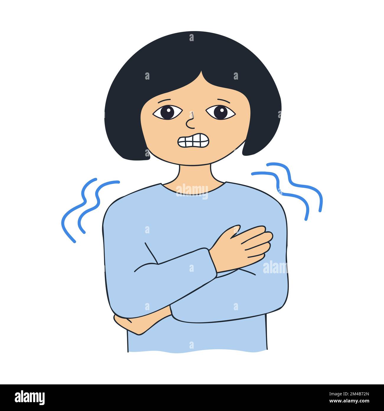 Sintomo di raffreddamento o agitazione con concetto di freddo. Ragazza malata. Brividi dovuti a raffreddori, malattie virali. Donna infelice doodle vettore illustrazione. Illustrazione Vettoriale