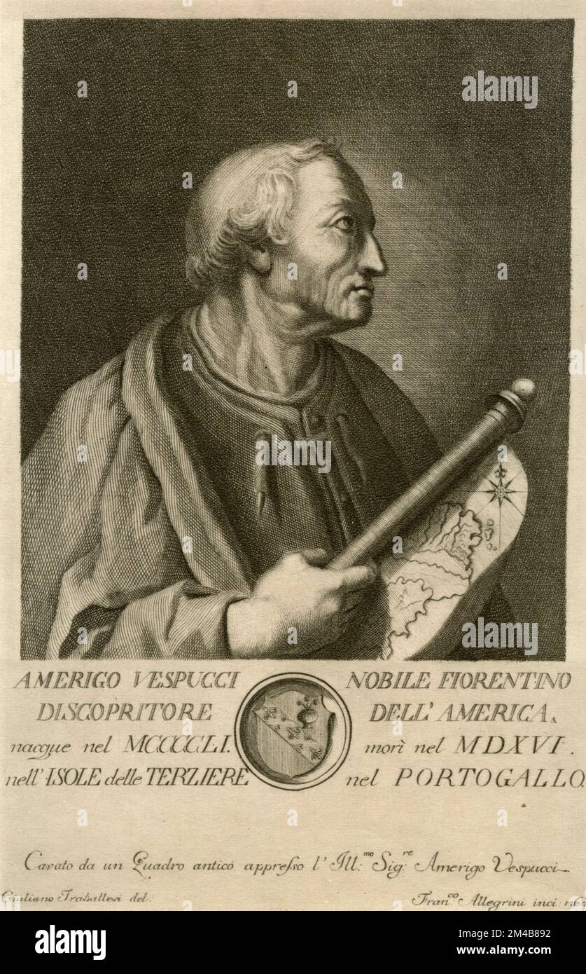 Ritratto del mercante italiano, esploratore e navigatore Amerigo Vespucci, illustrazione 1500s Foto Stock