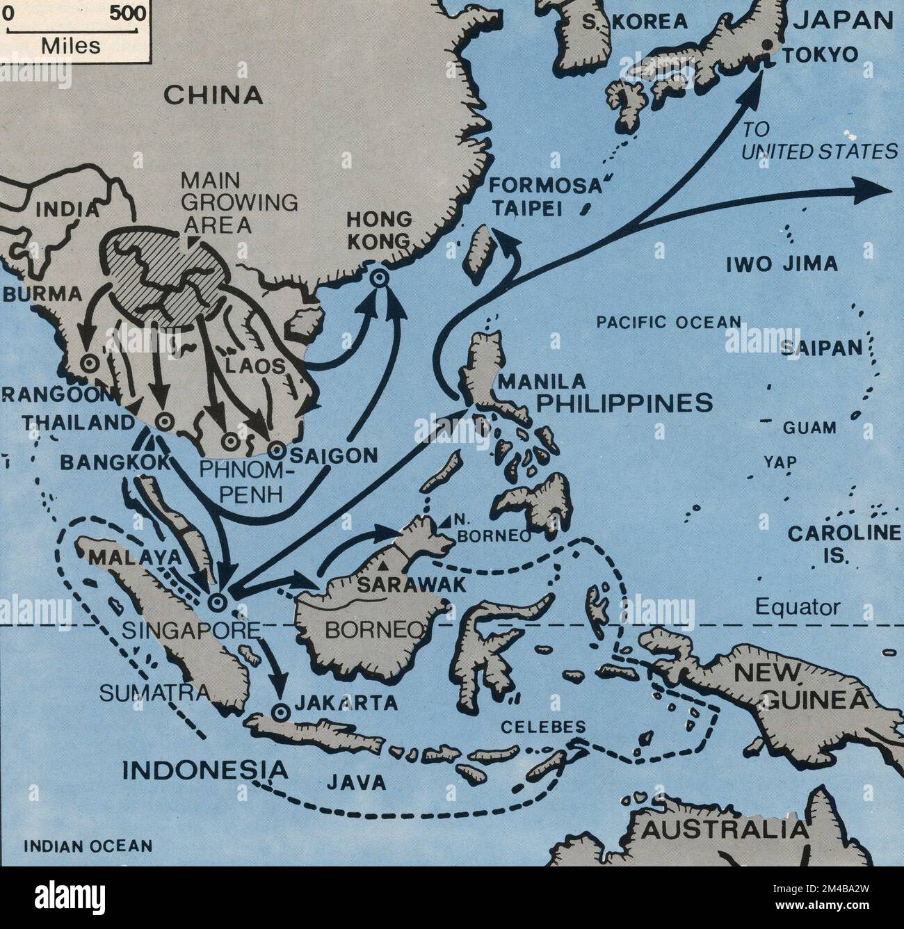 Mappa del Triangolo d'Oro, zona dove i confini della Thailandia, Laos e Myanmar si incontrano alla confluenza dei fiumi Ruak e Mekong, Asia sud-orientale, 1950s Foto Stock