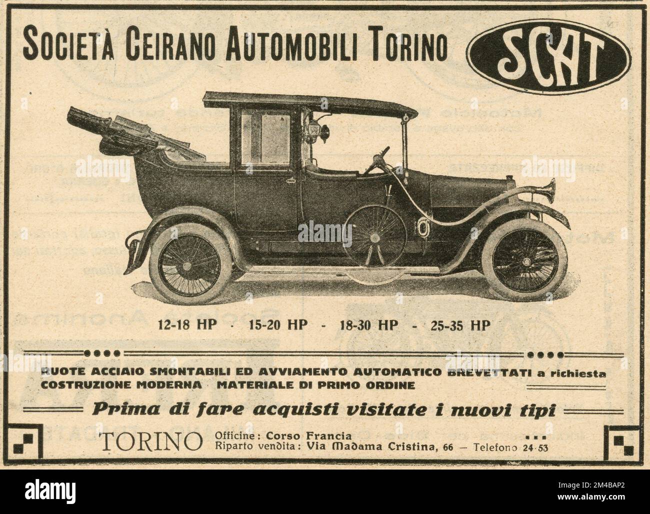 Annuncio del giornale d'epoca della SCAT Societa Ceirano automobili Torino car, Italia 1910s Foto Stock