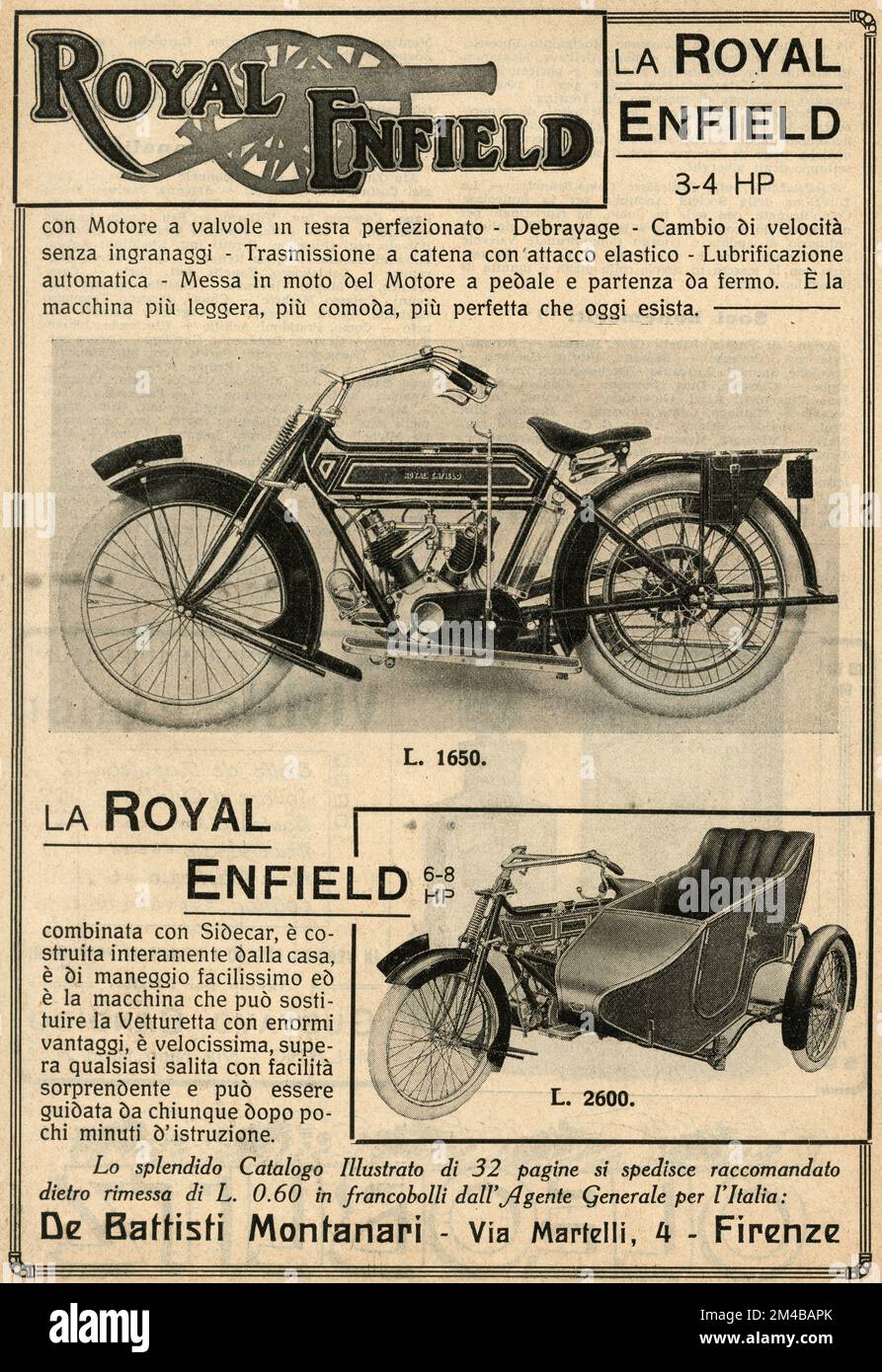 Annuncio di giornale d'epoca della moto Royal Enfield, Italia 1910s Foto Stock