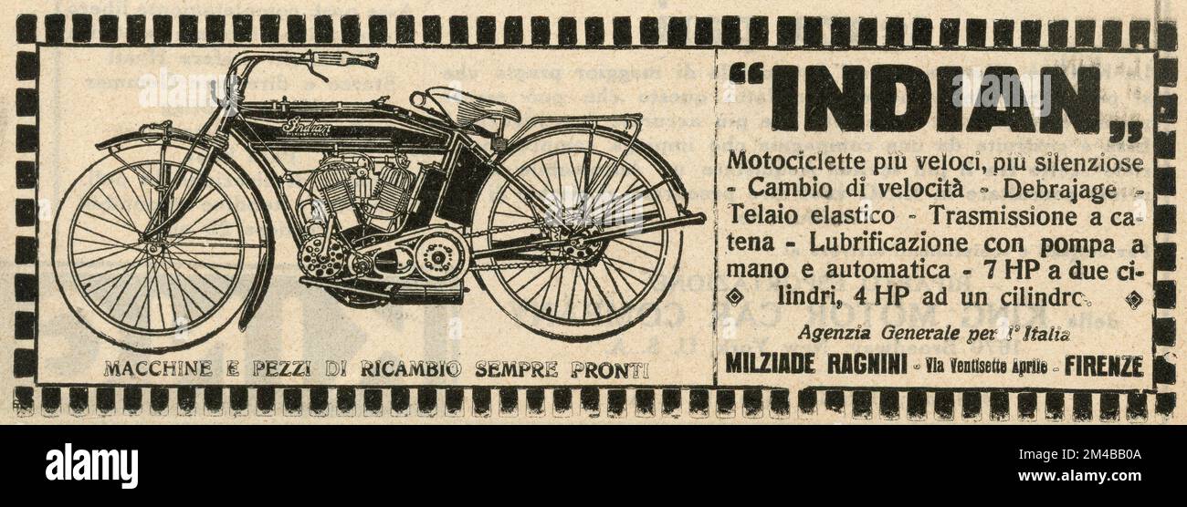 Annuncio di giornale d'epoca della motocicletta indiana, Italia 1910s Foto Stock