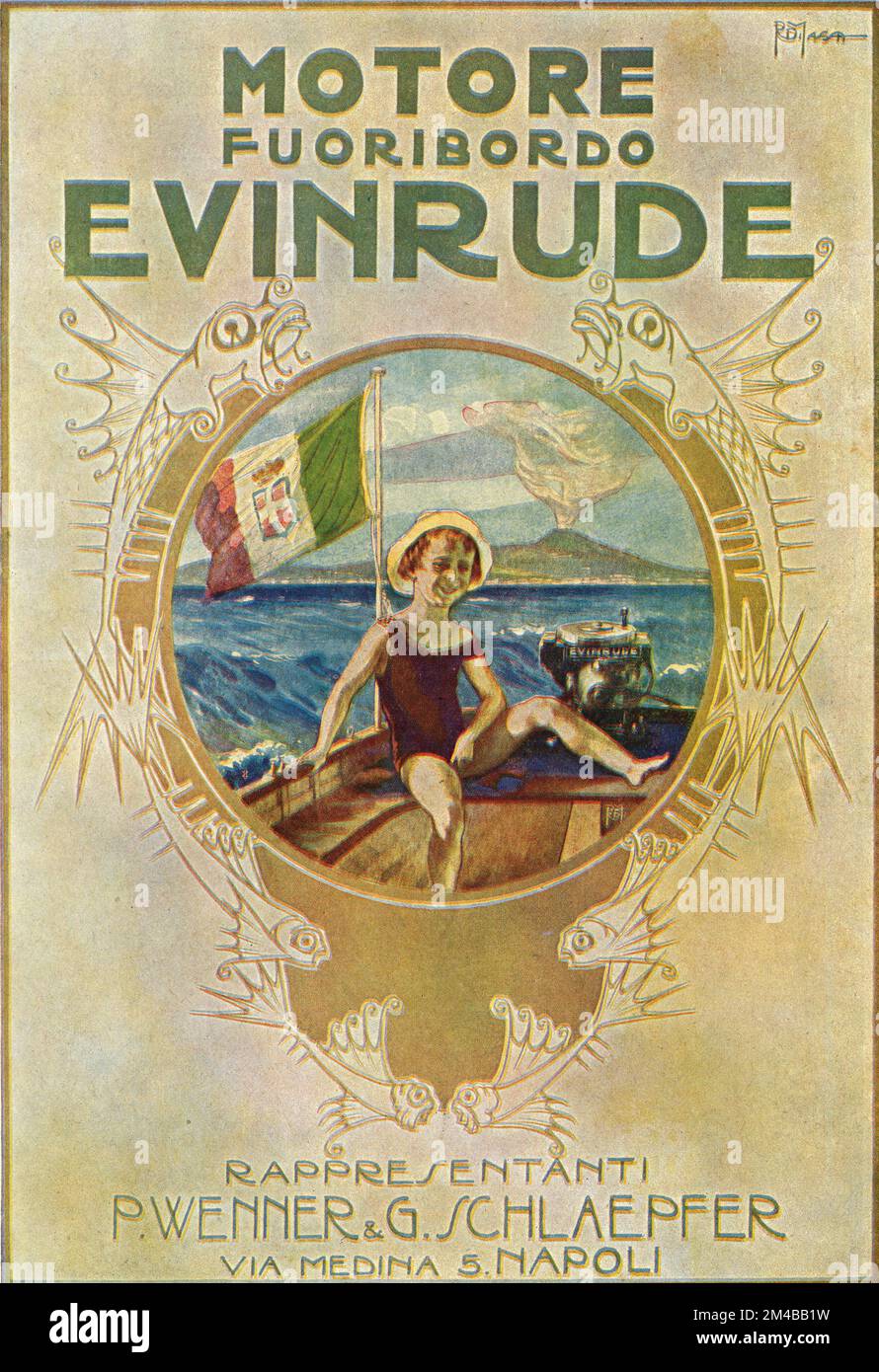Annuncio del giornale d'epoca dei motori marini Evinrude, Italia 1920s Foto Stock