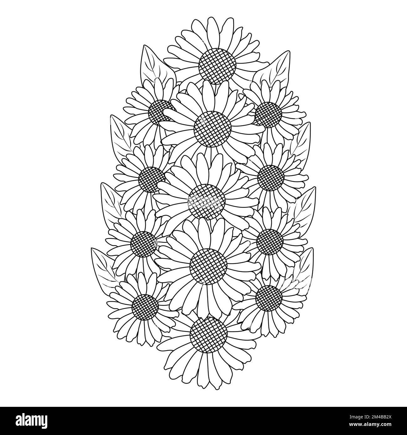 girasoli disegno linea vettore di colore nero e bianco antistress fiore per adulti Illustrazione Vettoriale