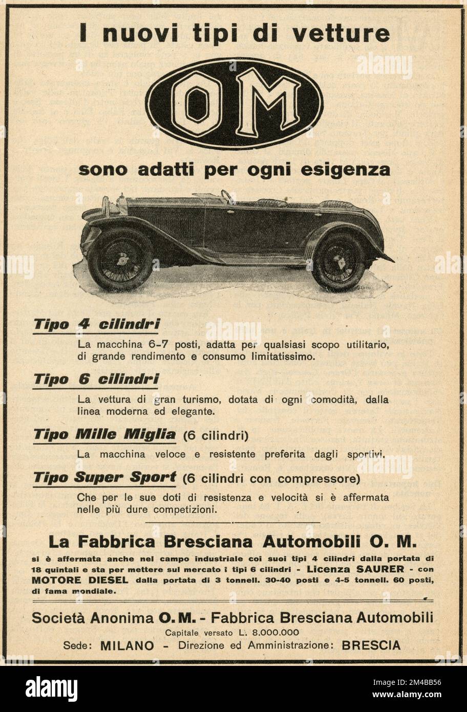 Annuncio di giornale d'epoca di OM car, Italia 1920s Foto Stock