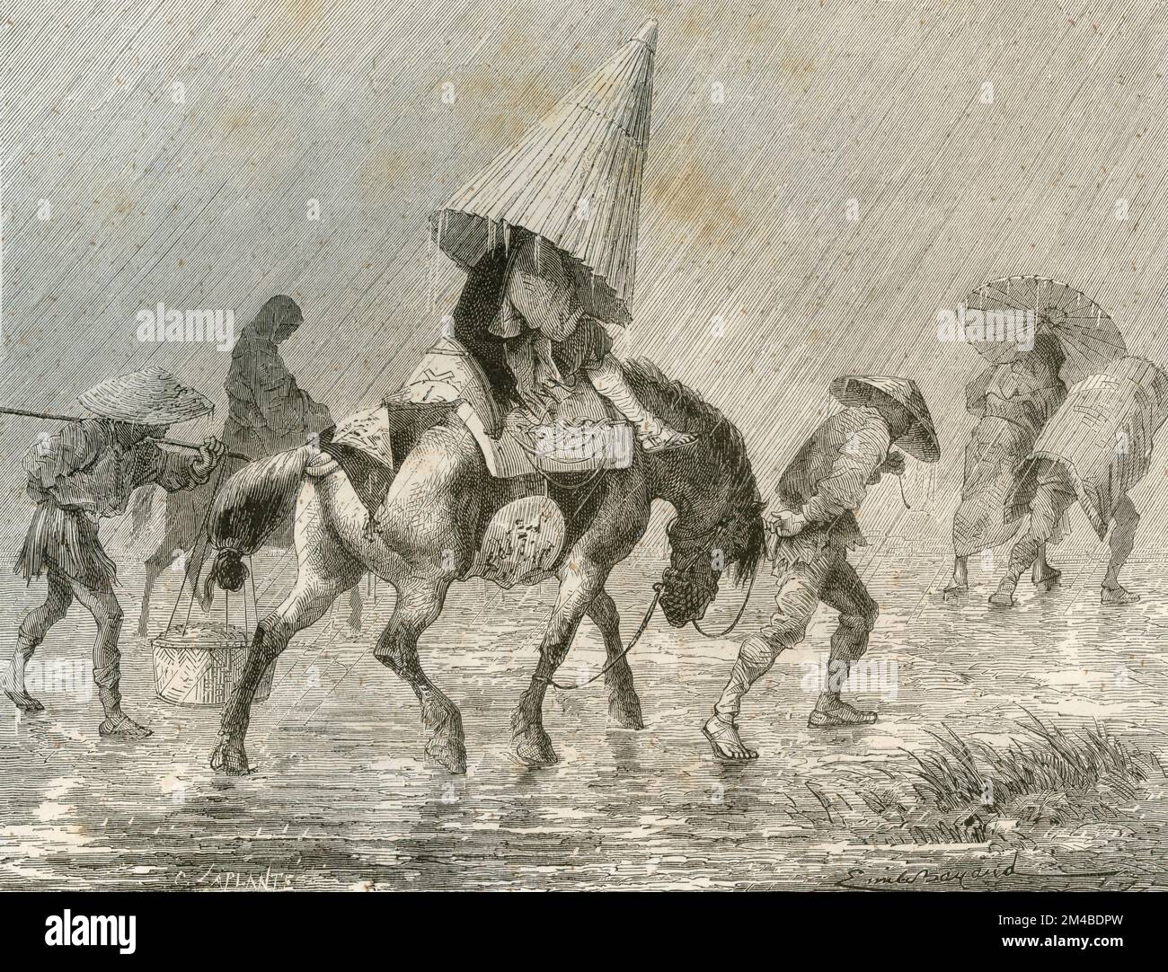 Indigeni che viaggiano durante una giornata di pioggia, Giappone, illustrazione 1871 Foto Stock