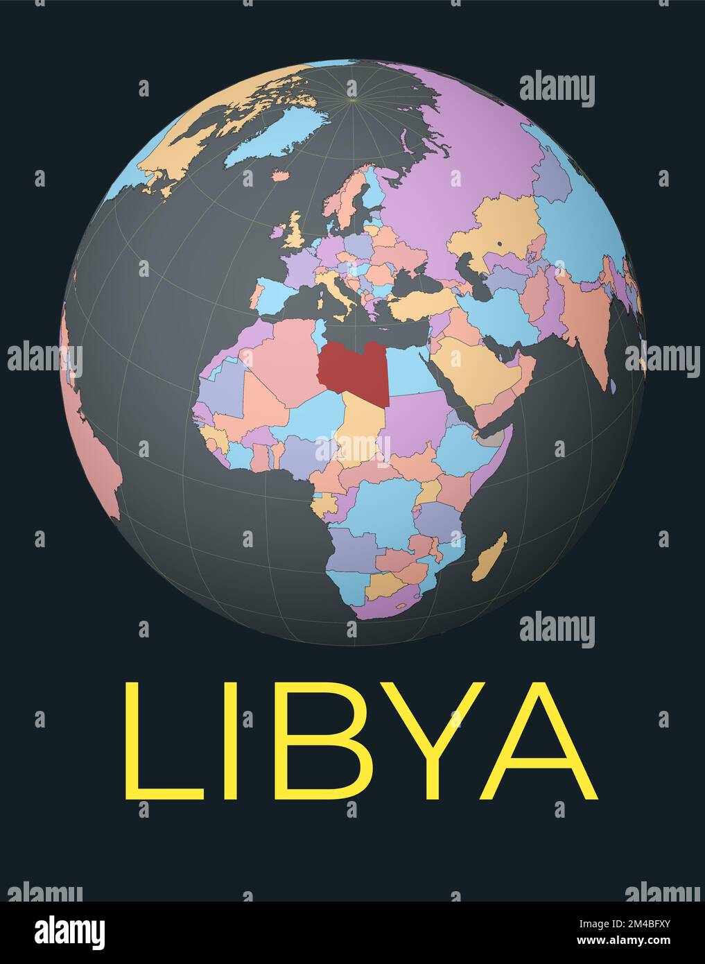Mappa del mondo centrata sulla Libia. Paese evidenziato in rosso. Visione satellitare del mondo incentrata sul paese con il nome. Illustrazione vettoriale. Illustrazione Vettoriale