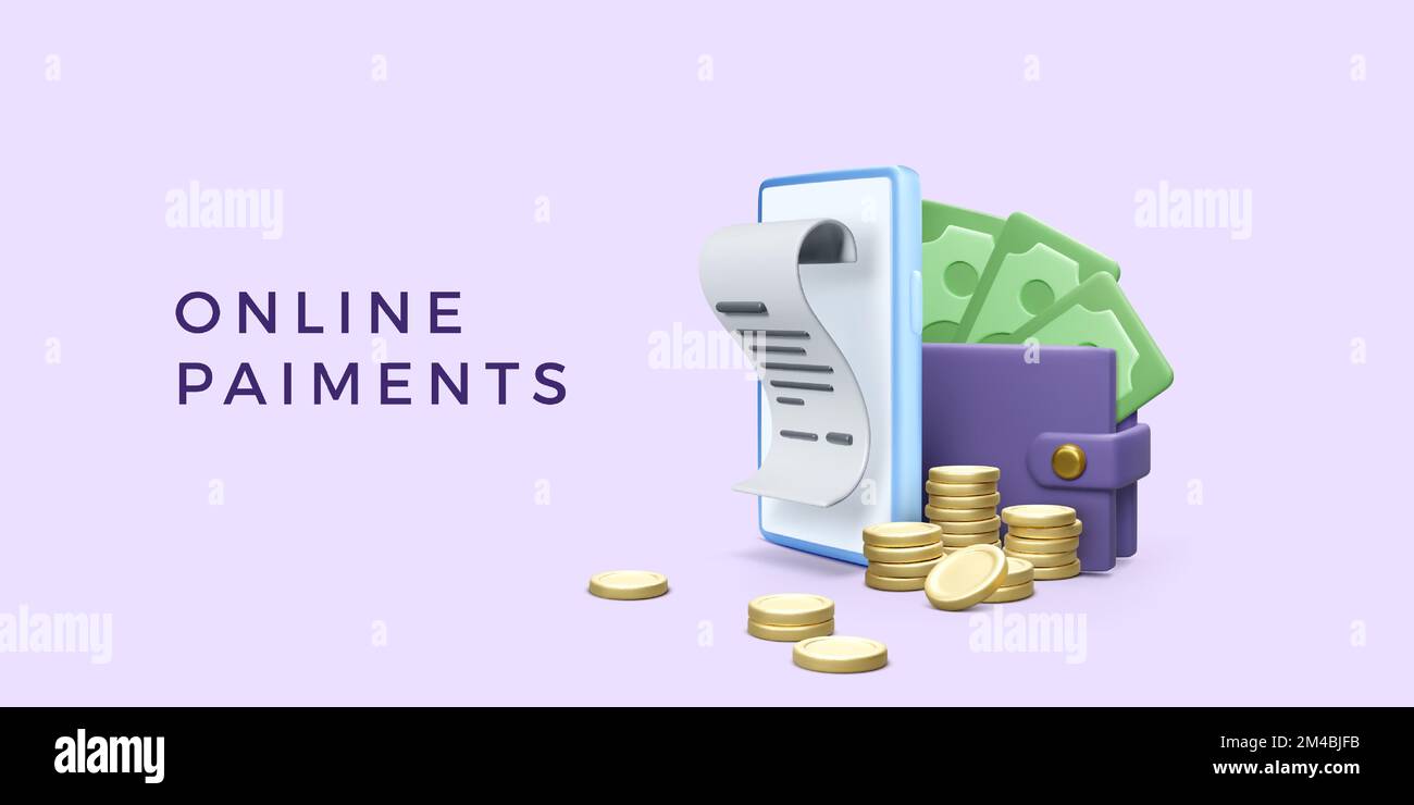 Ricevuta di pagamento per telefono cellulare con portafoglio pieno di dollari e monete d'oro. 3D oggetti cartoon per il concetto di shopping online o altri servizi aziendali. Ve Illustrazione Vettoriale
