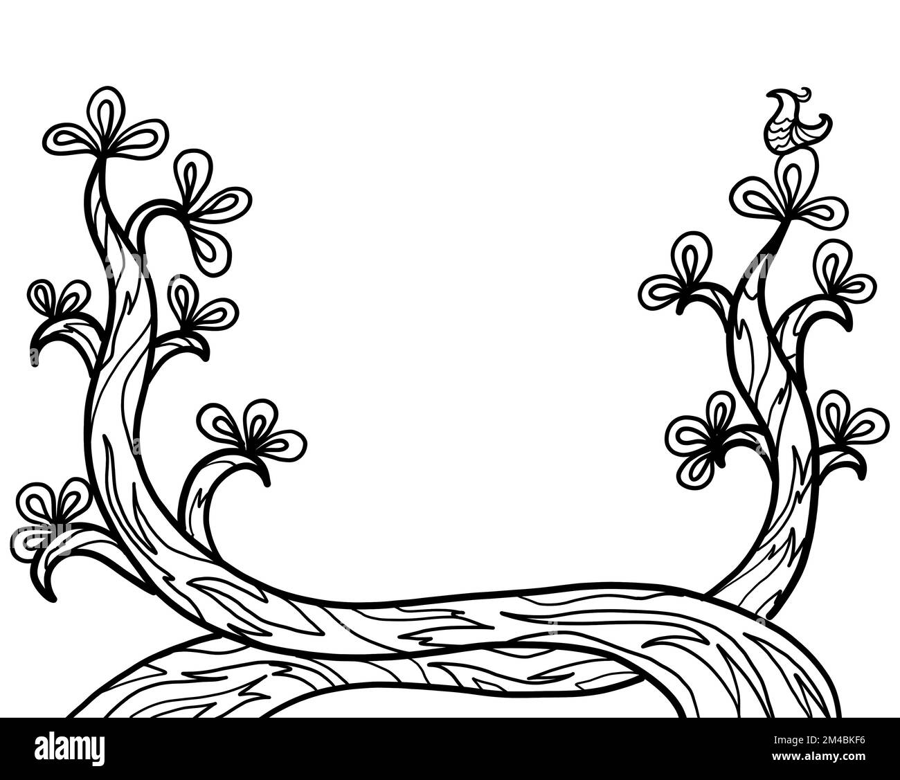 Illustrazione contorno nero disegno della natura di pianta dell'albero su sfondo bianco con uno spazio di copia. Disegno a mano, disegno artistico. Foto Stock