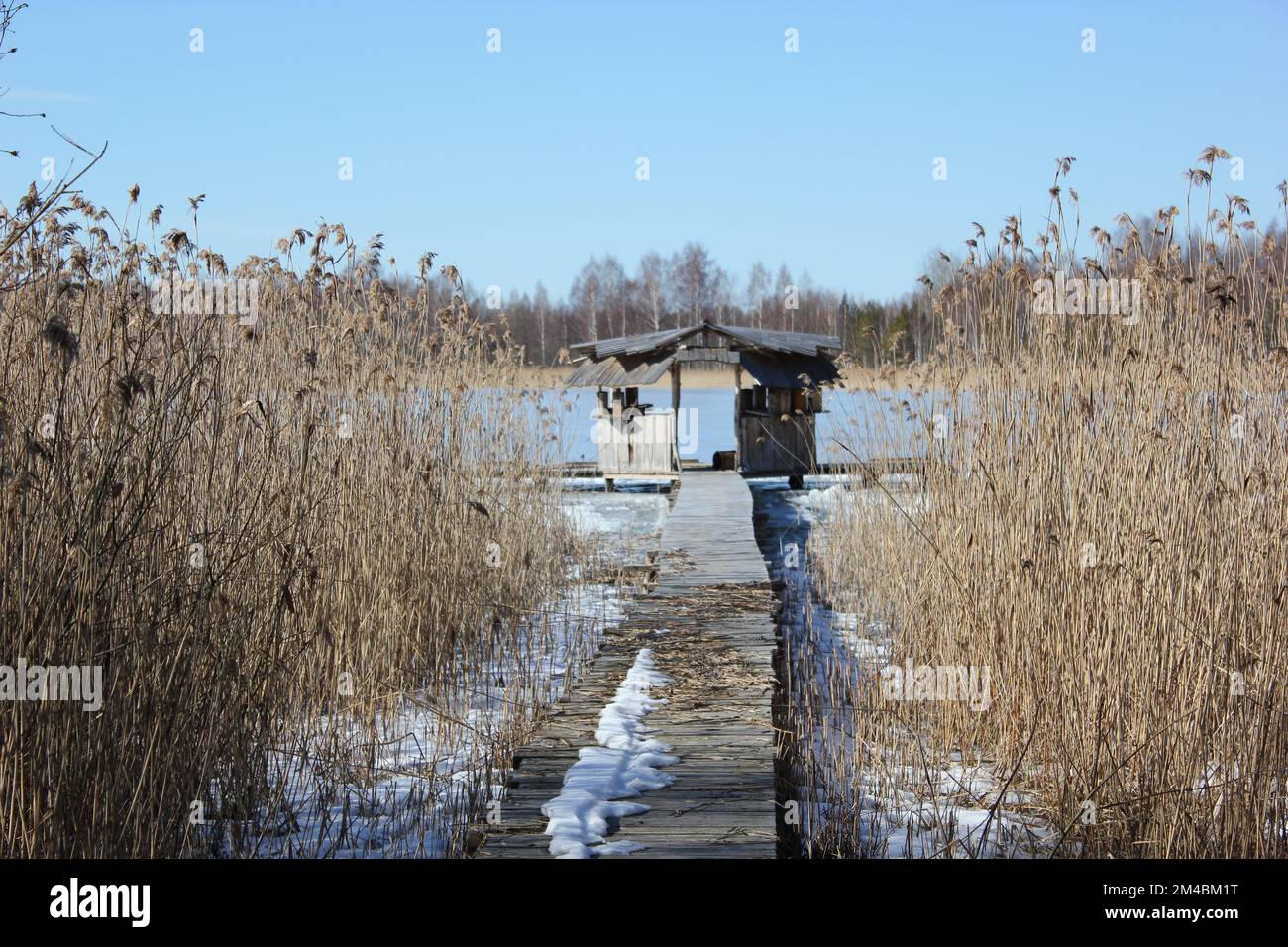 Casa pescatore sulla riva del lago ghiacciato in primavera, cielo blu e sole, un sentiero in legno circondato da canne Foto Stock