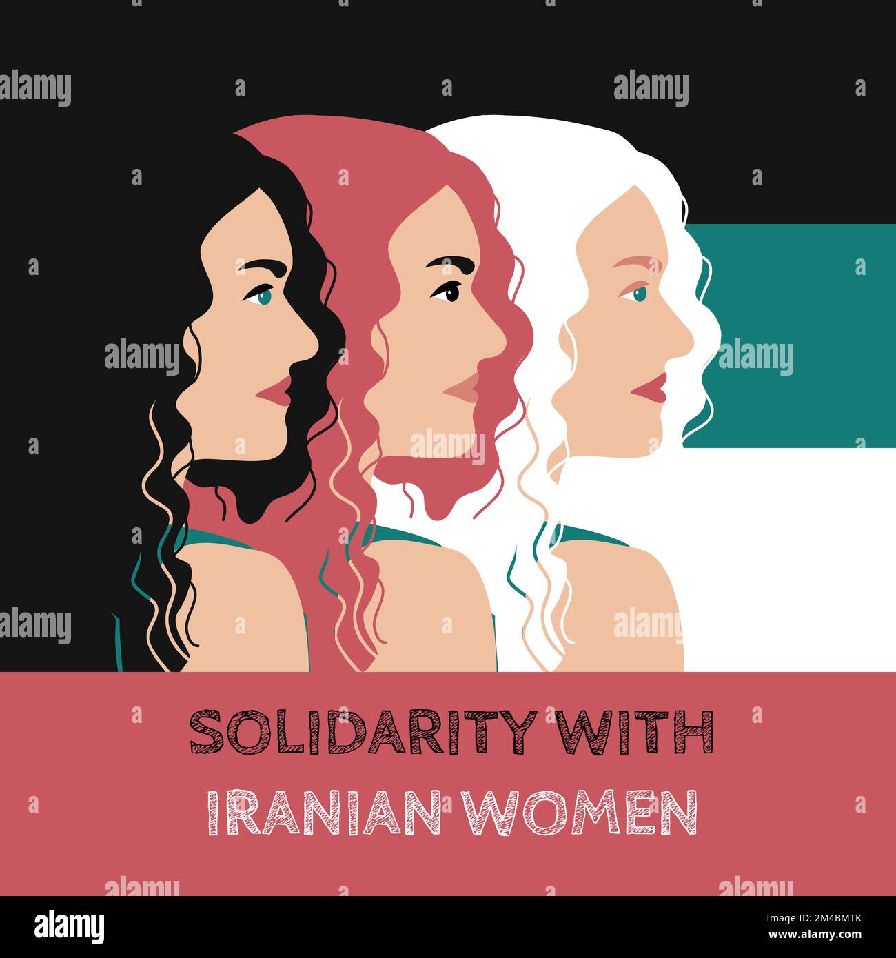 Profilo viso femmina tre silhouette diversi colori occhi capelli. Sfondo bandiera iraniana. Solidarietà con le donne iraniane. Supporto internazionale per wom Illustrazione Vettoriale