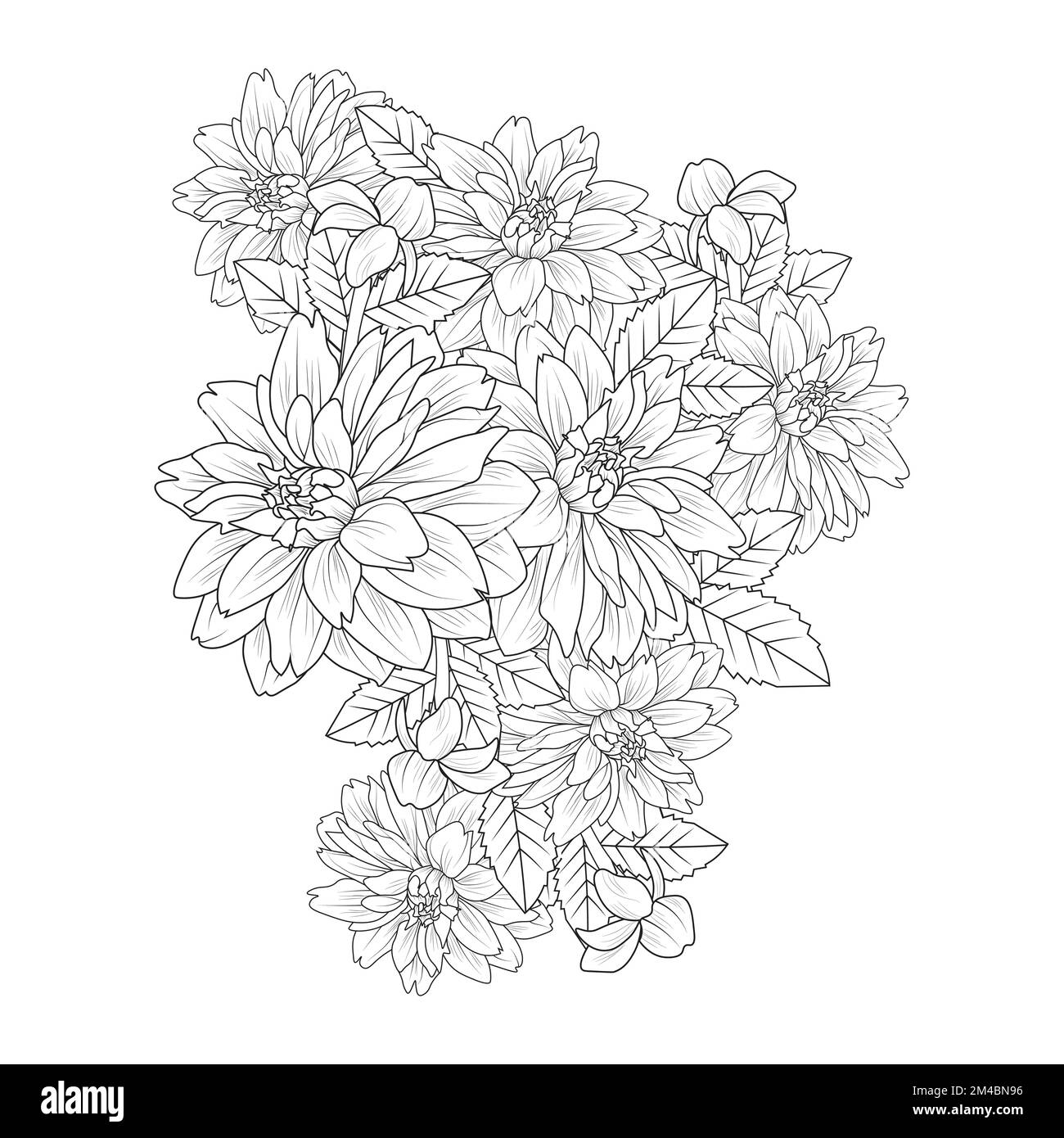 garden dahlia fiore illustrazione con tratto a matita in doodle arte disegno di colorazione pagina design Illustrazione Vettoriale