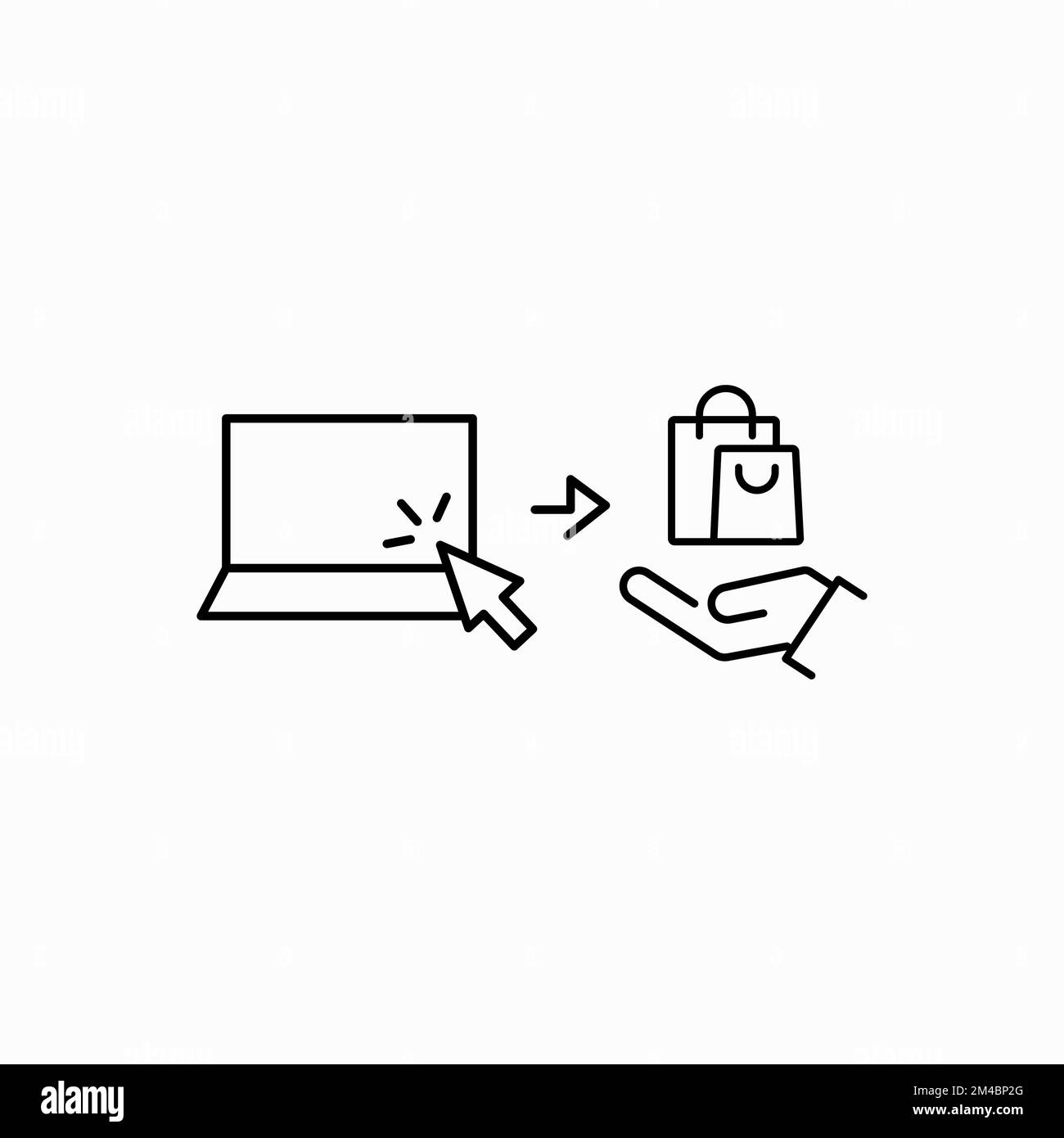 Fare clic per acquistare e raccogliere l'icona dell'ordine in stile linea, fasi dei servizi di consegna dei camion, ricezione dell'ordine, revisione dell'ordine, concetto di business del negozio online, vettore i. Illustrazione Vettoriale