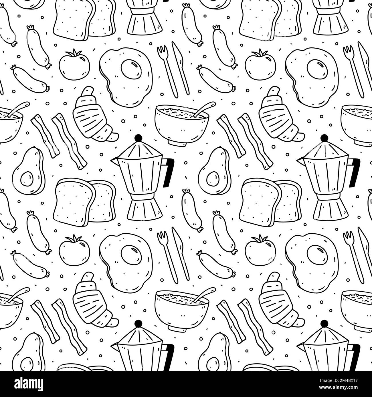 Cute senza cuciture modello con cibo per la colazione - uova fritte, pancetta, toast, salsicce, caffè, avocado, pomodoro, farinata d'avena. Disegno vettoriale a mano doodle illustrazione. Ideale per la stampa, la carta da imballaggio, lo sfondo. Illustrazione Vettoriale