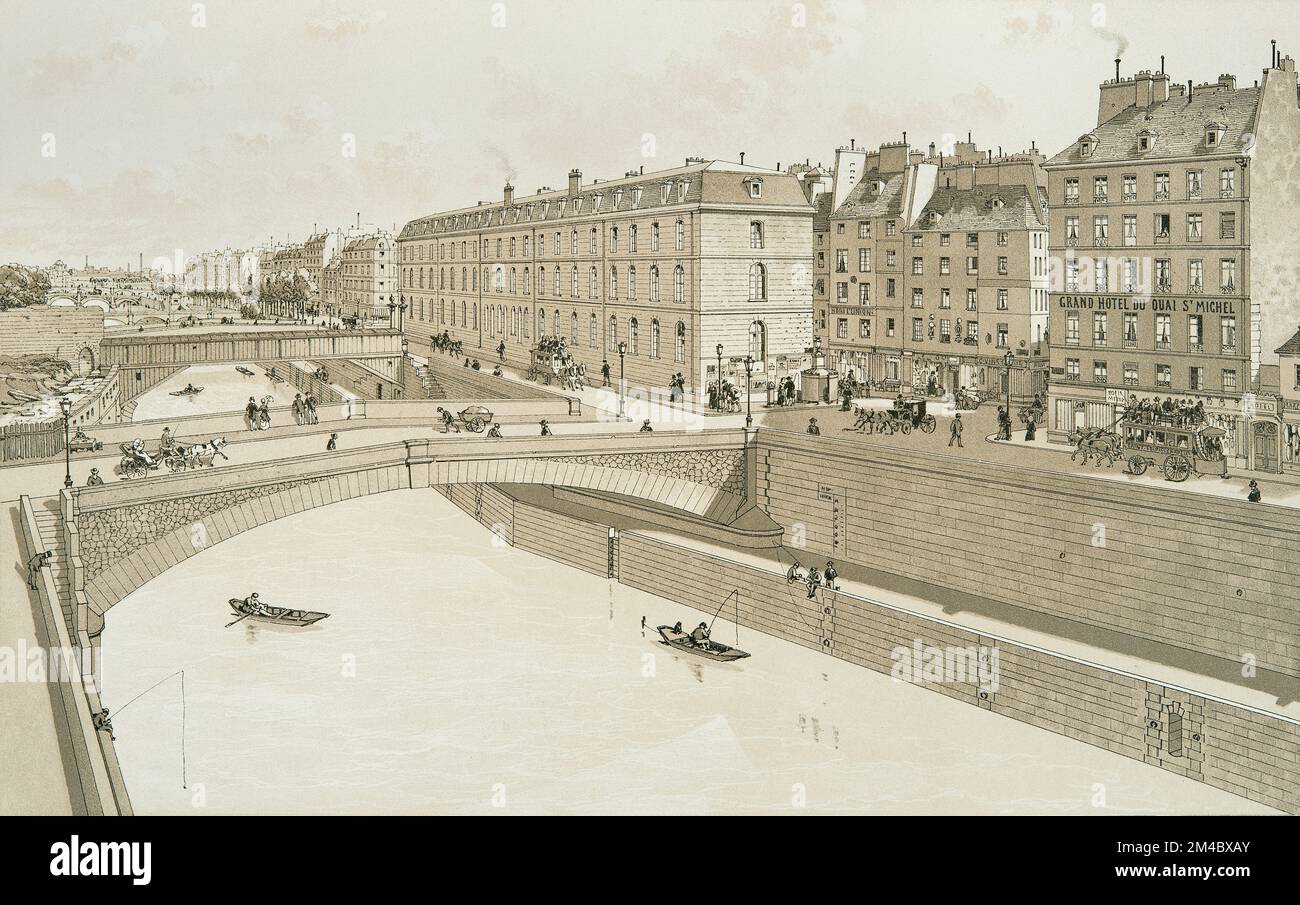 Il Petit Pont e la Place du Petit Pont a Parigi nel 1880 Foto Stock
