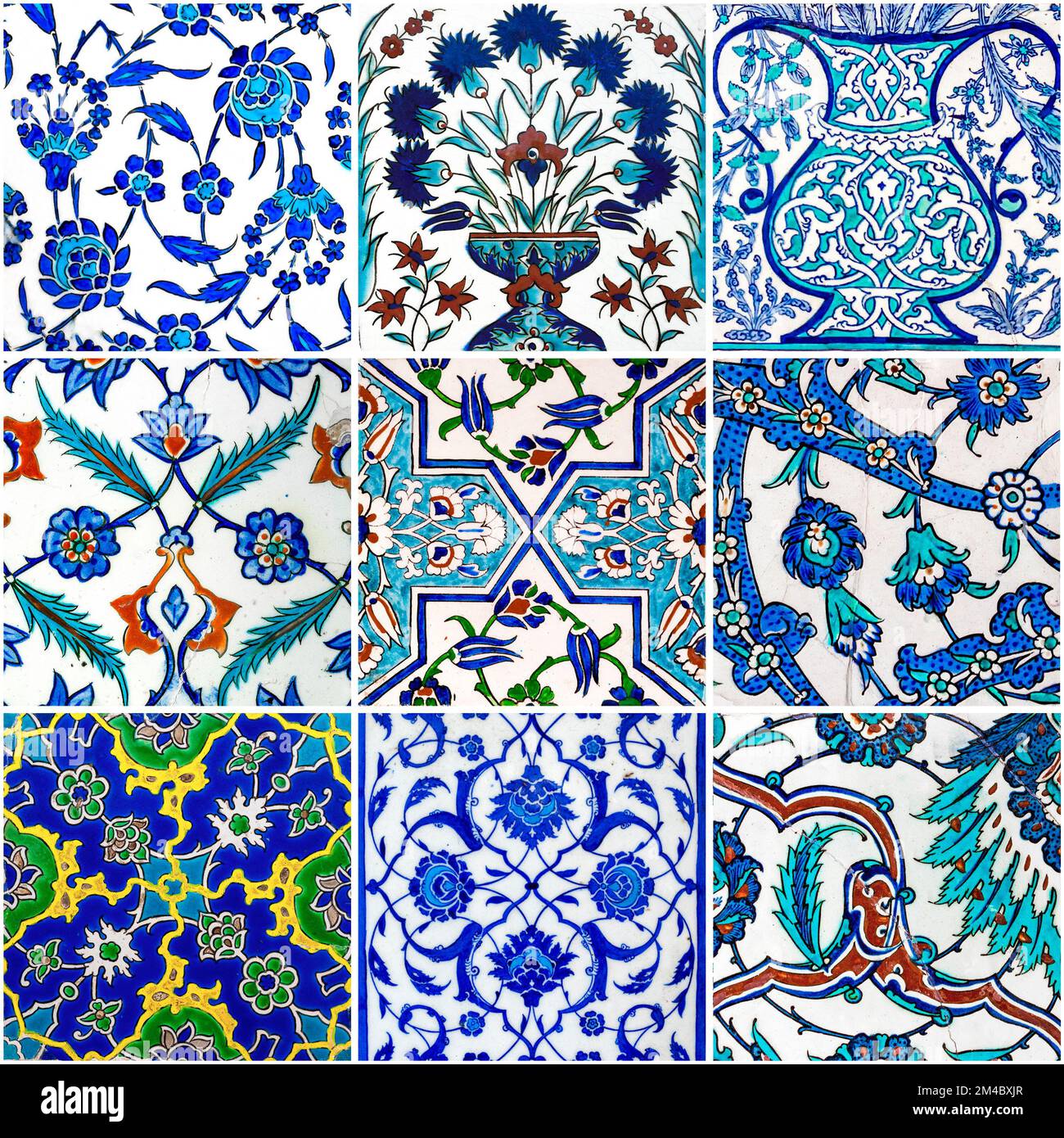 Set di antiche piastrelle ottomane Iznik a muro con motivi floreali. Foto Stock