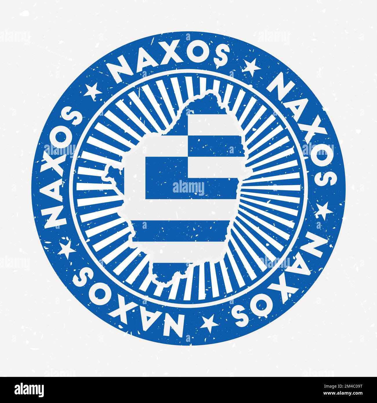 Francobollo rotondo Naxos. Logo dell'isola con bandiera. Badge vintage con testo circolare e stelle, illustrazione vettoriale. Illustrazione Vettoriale