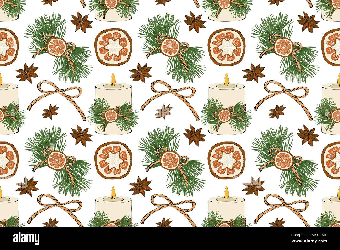 Modello natalizio senza cuciture. Design con elementi natalizi su sfondo bianco. Design per packaging, tessile e web. Foto Stock