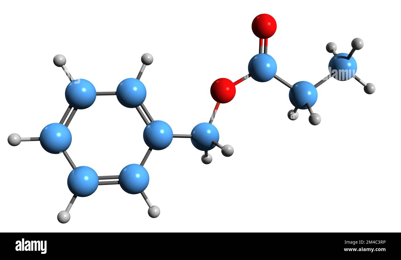 3D immagine del benzil propanoato formula scheletrica - struttura chimica molecolare del fenilmetil propanoato isolato su sfondo bianco Foto Stock