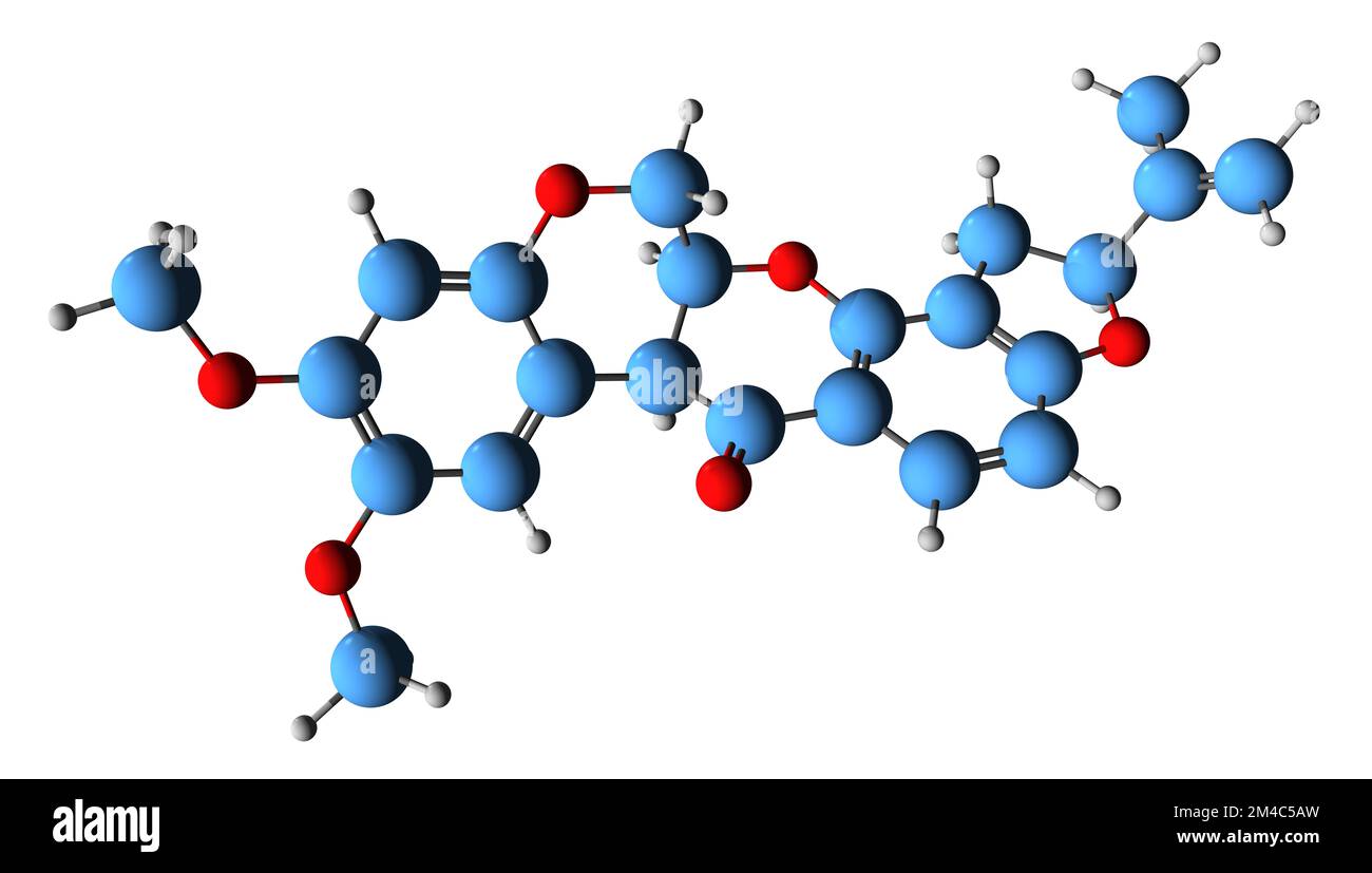 3D immagine di Rotenone formula scheletrica - struttura chimica molecolare di insetticida ad ampio spettro isolato su sfondo bianco Foto Stock