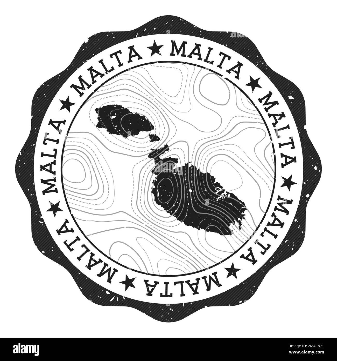 Francobollo all'aperto di Malta. Adesivo rotondo con mappa dell'isola con isoline topografiche. Illustrazione vettoriale. Illustrazione Vettoriale