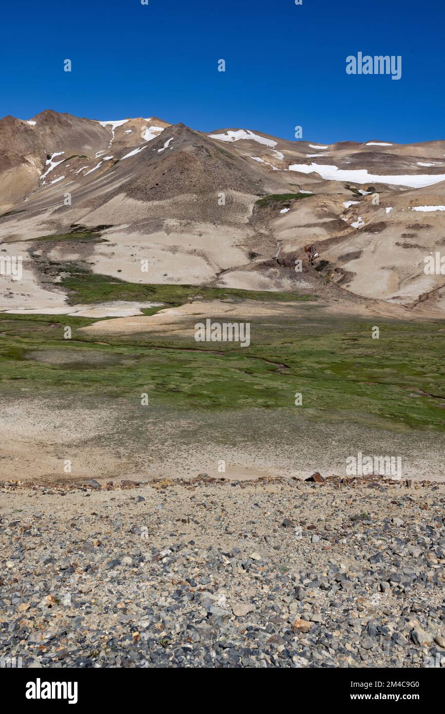 Paesaggio a Paso Pehuenche - attraversando il confine dall'Argentina al Cile durante il viaggio in Sud America Foto Stock