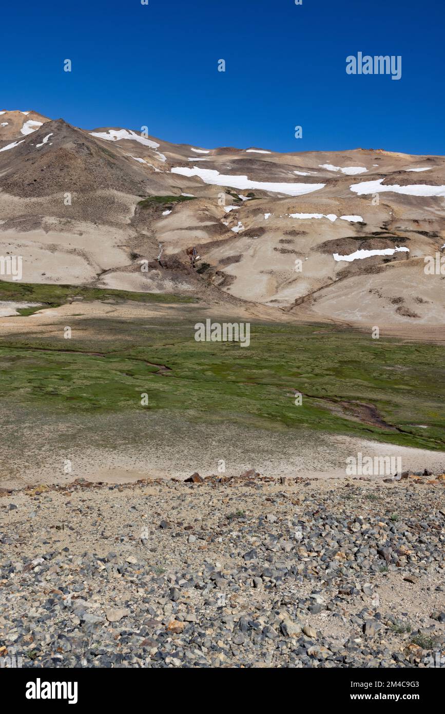 Paesaggio a Paso Pehuenche - attraversando il confine dall'Argentina al Cile durante il viaggio in Sud America Foto Stock