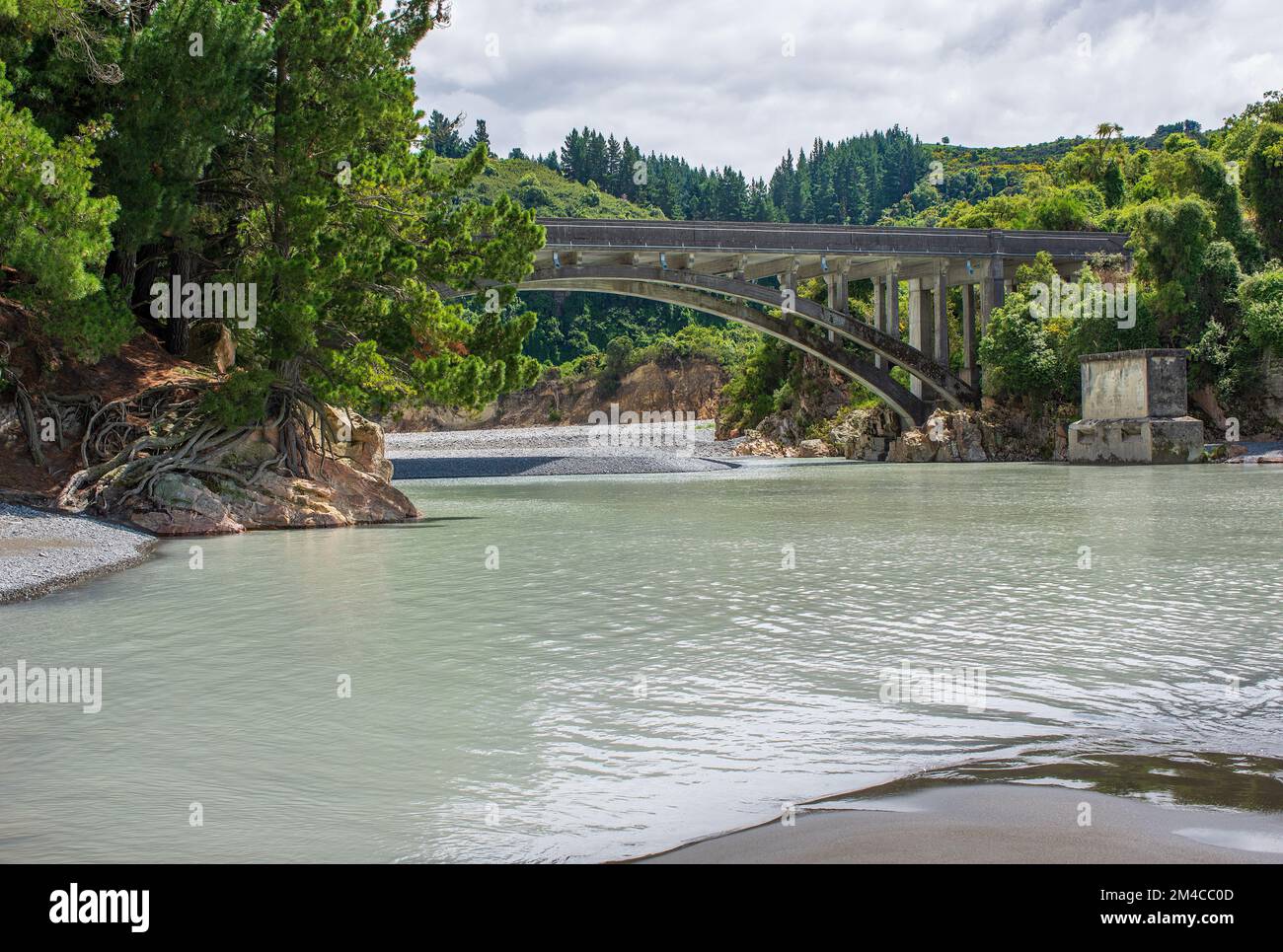 Un ponte sul fiume Rakaia in Nuova Zelanda, Isola del Sud in primavera Foto Stock