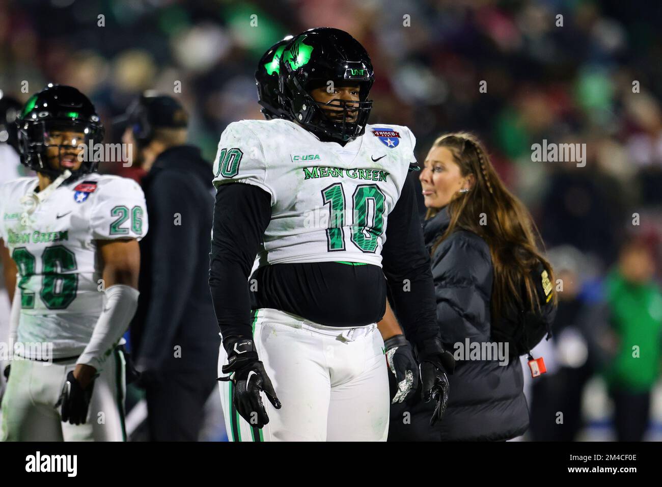 North Texas Mean Green Nose Guard Roderick Brown (10) durante il 3rd° trimestre della partita di football del Frisco Bowl College del 2022, al Toyota Stadium di sabato Foto Stock