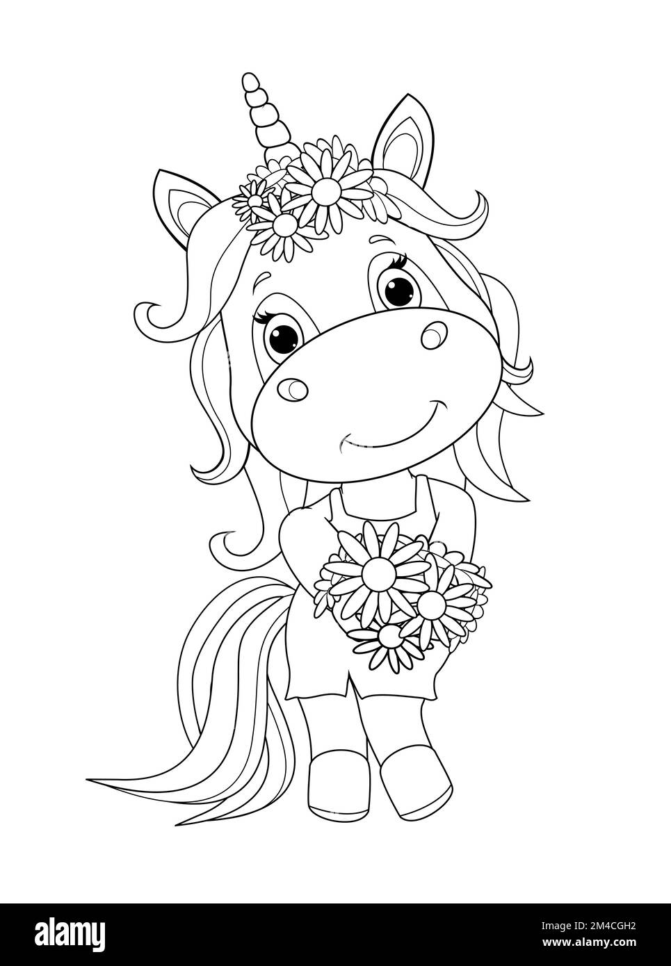 Un piccolo unicorno con un bouquet di fiori in linee nere su sfondo bianco. Colorazione unicorno bambino. Illustrazione Vettoriale