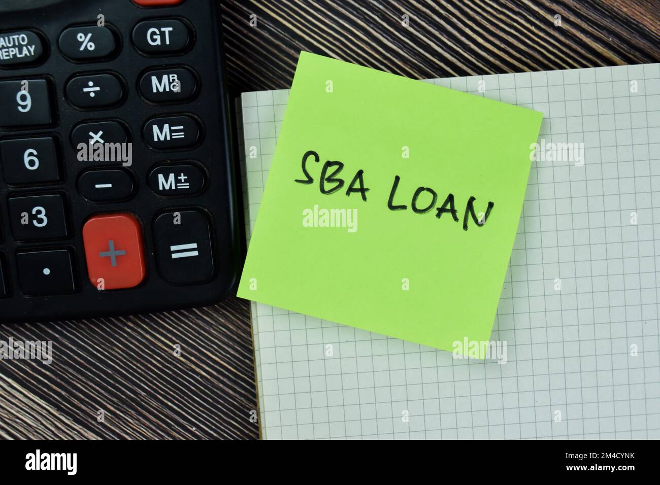 Concetto di prestito SBA scrivere su note appiccicose con calcolatrice isolata su tavolo di legno. Foto Stock