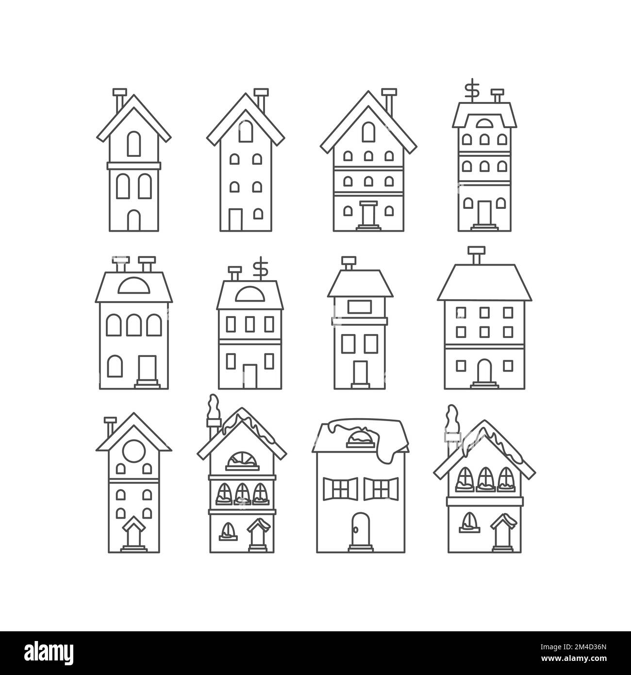 Set Case invernali Line Art Illustrazione Vettoriale