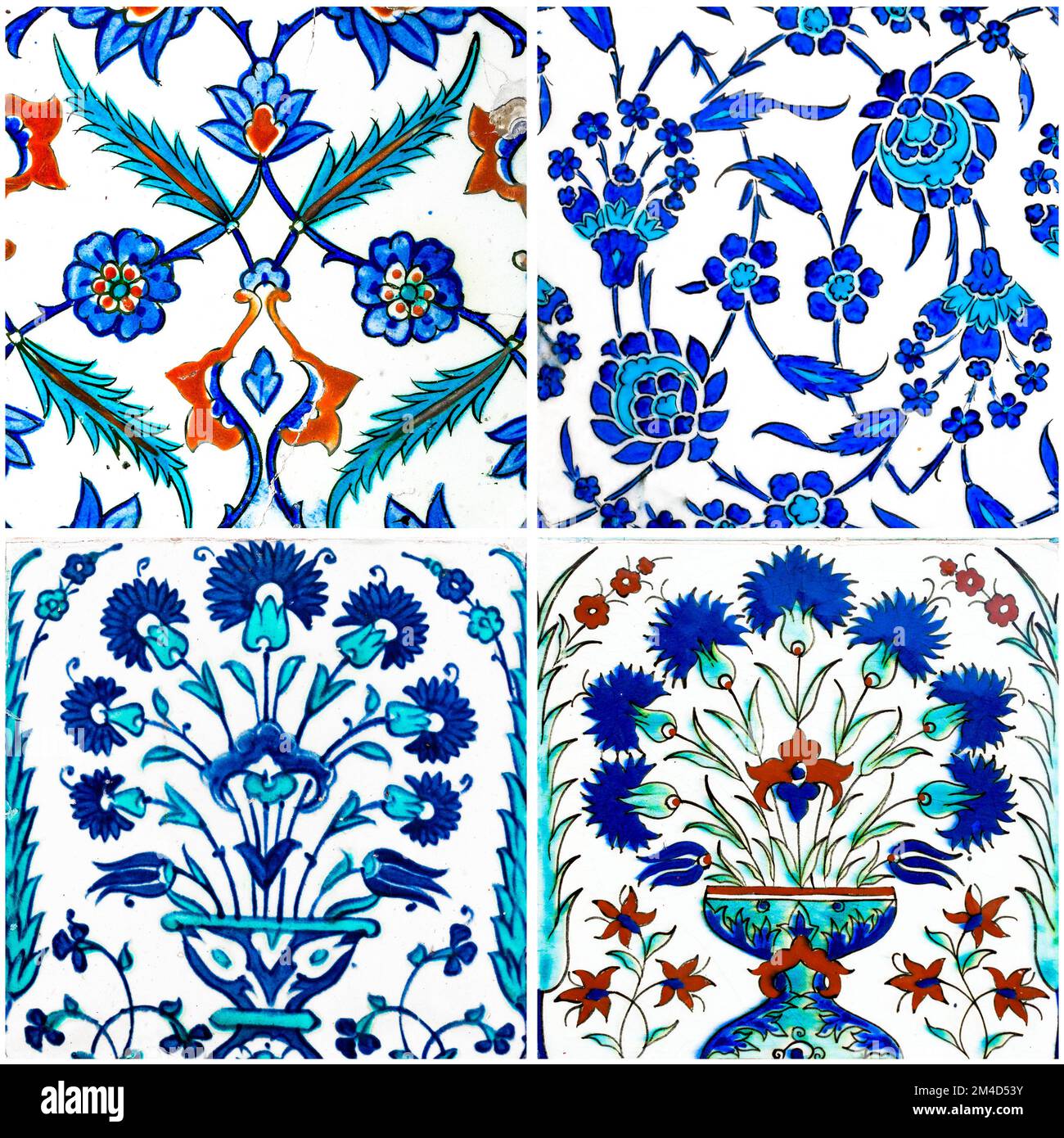 Set di antiche piastrelle in ceramica fatte a mano con motivi floreali. Foto Stock