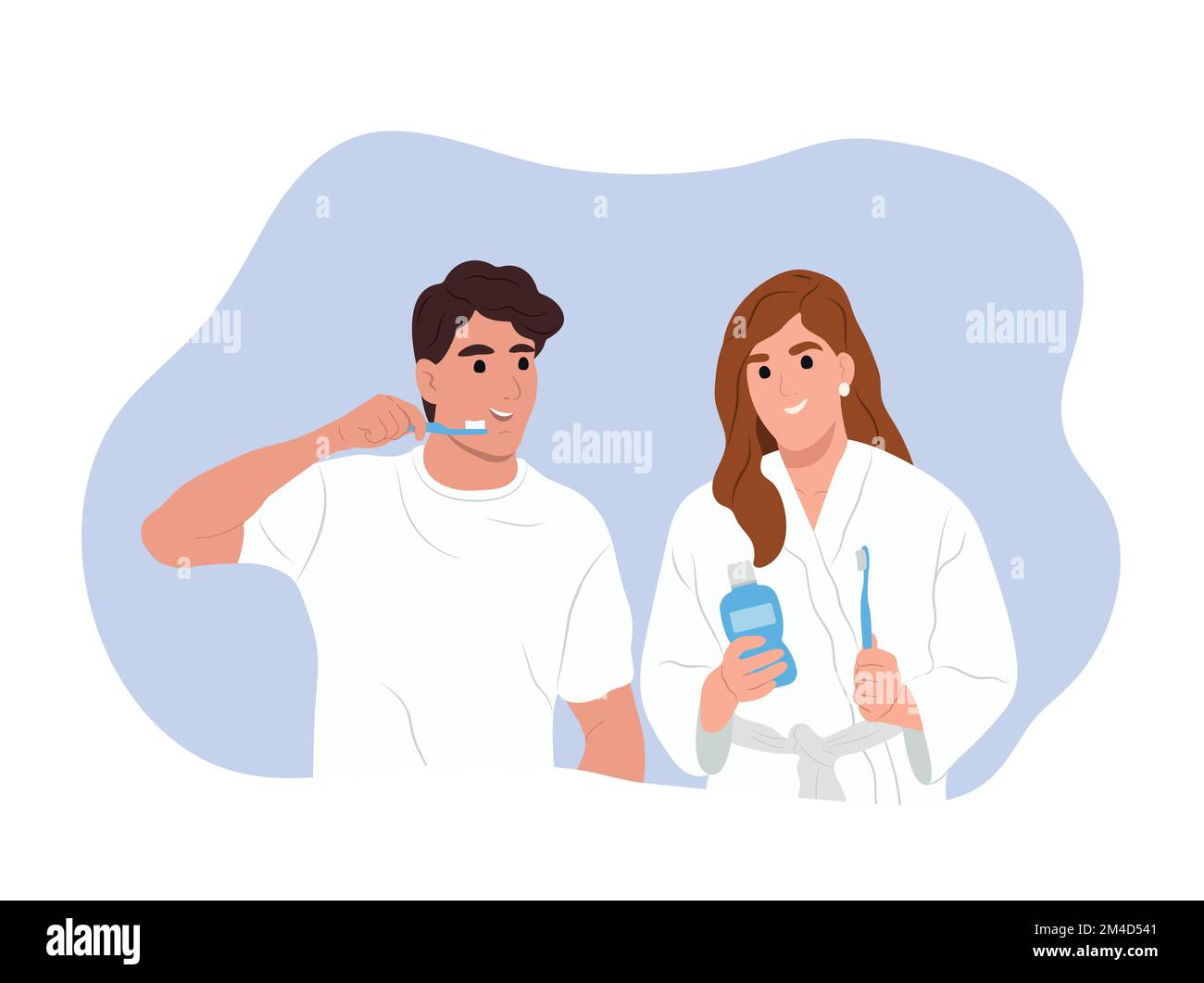 Giornata mondiale della salute orale. Giovane uomo e donna sorridente che si prendono cura dei loro denti e della cavità orale. La famiglia si prende cura della salute dei loro denti e. Illustrazione Vettoriale