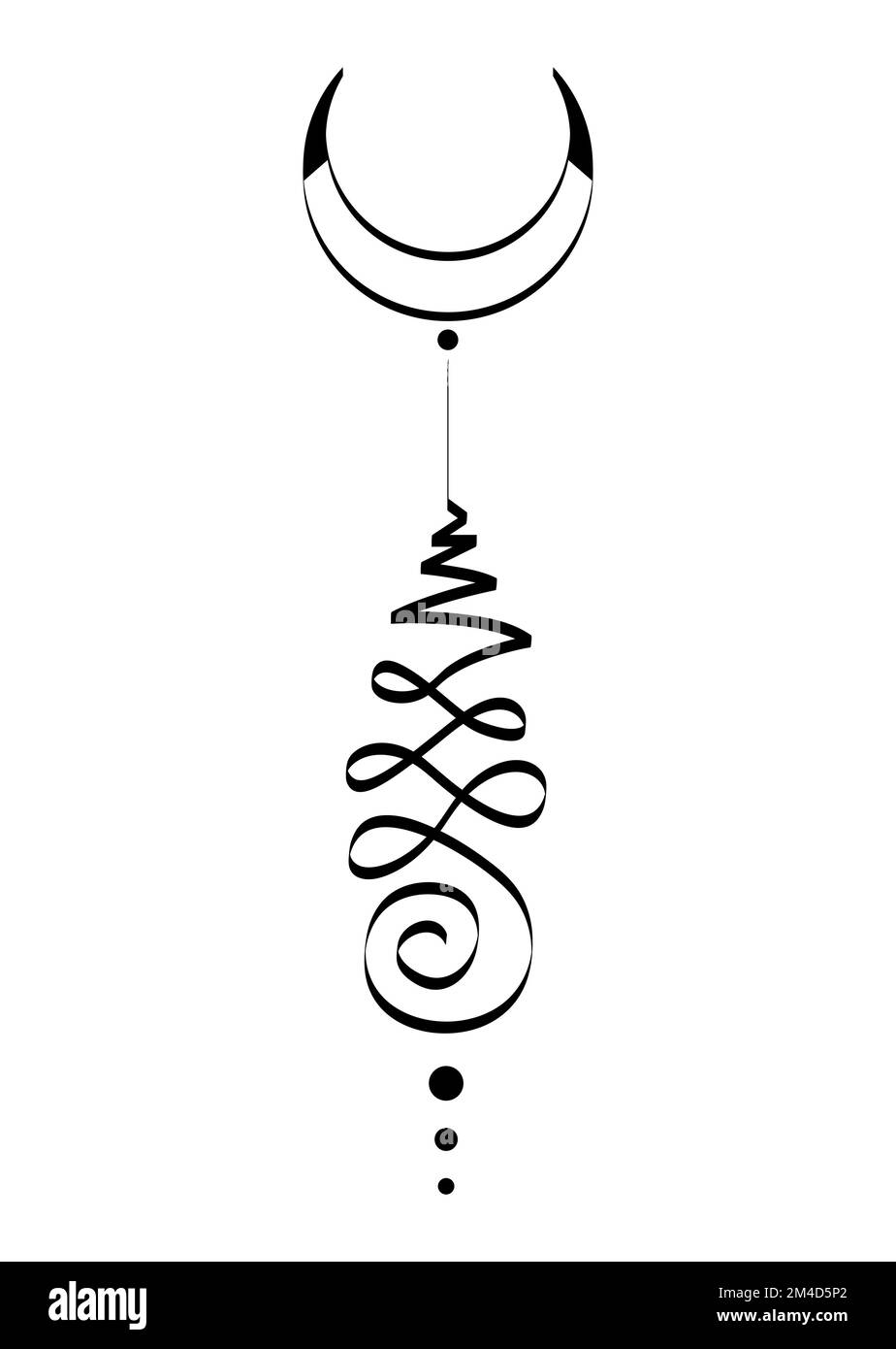 Unalome simbolo della luna crescente, segno indù o buddista che rappresenta il cammino verso l'illuminazione. Icona del tatuaggio Yantras disegnata a mano. Semplice inchiostro bianco e nero Illustrazione Vettoriale