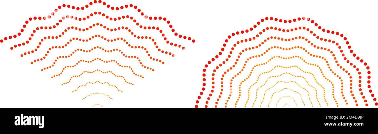 Segnali doted rippled rossi. Sonar o linee di onde sonore. Concetti di epicentro, target, radar, elementi di vibrazione. Segnale radio a impulsi. Illustrazione Vettoriale
