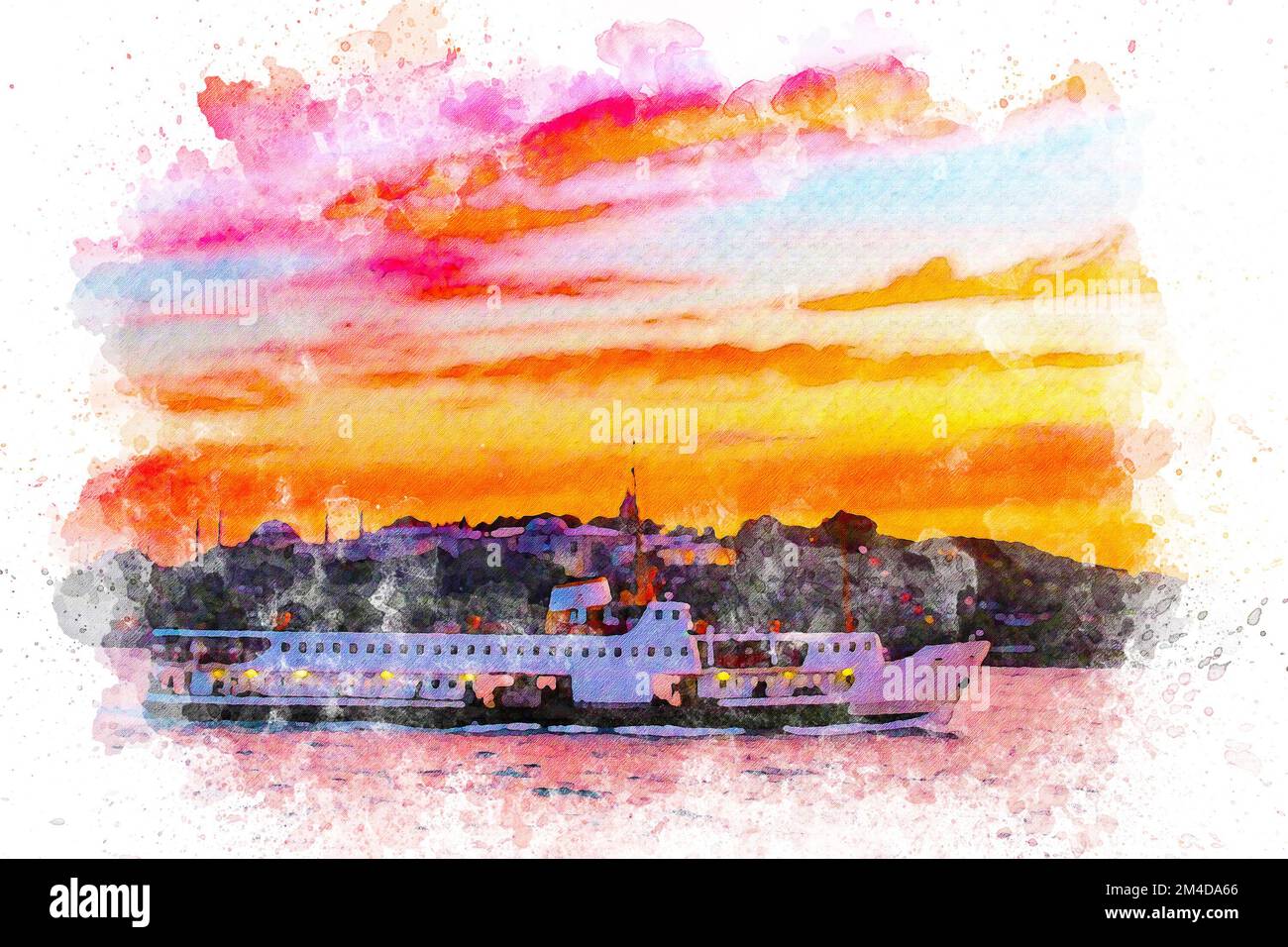 Acquerello d'arte arcipelago di Istanbul Tramonto, traghetto passeggeri Foto Stock