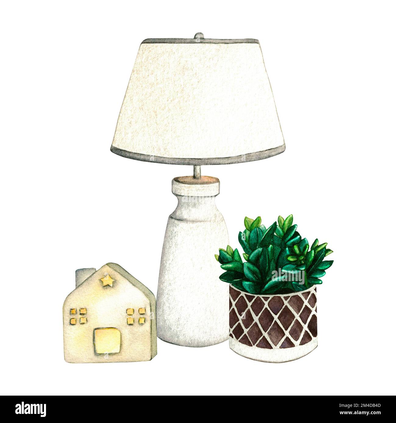 Lampada notturna e impianto domestico. Acquerello all'interno del soggiorno. Clipart. Elementi di arredamento su sfondo bianco. Foto Stock