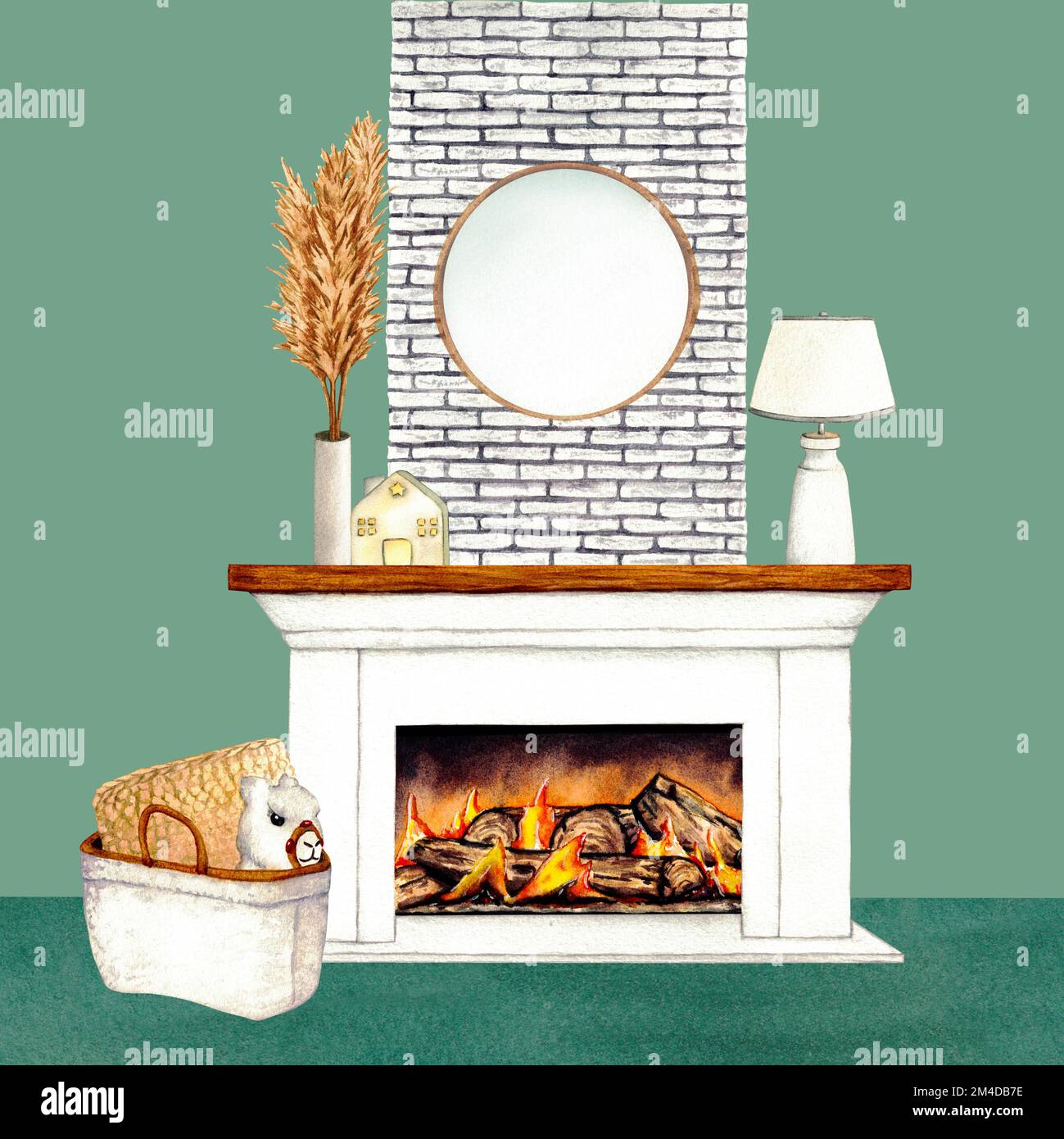 Illustrazione acquerello interno del soggiorno con camino, lampada da notte, cesto di vimini, giocattolo lama, lanterne case in ceramica, e arredamento. Clipart. Casa Foto Stock