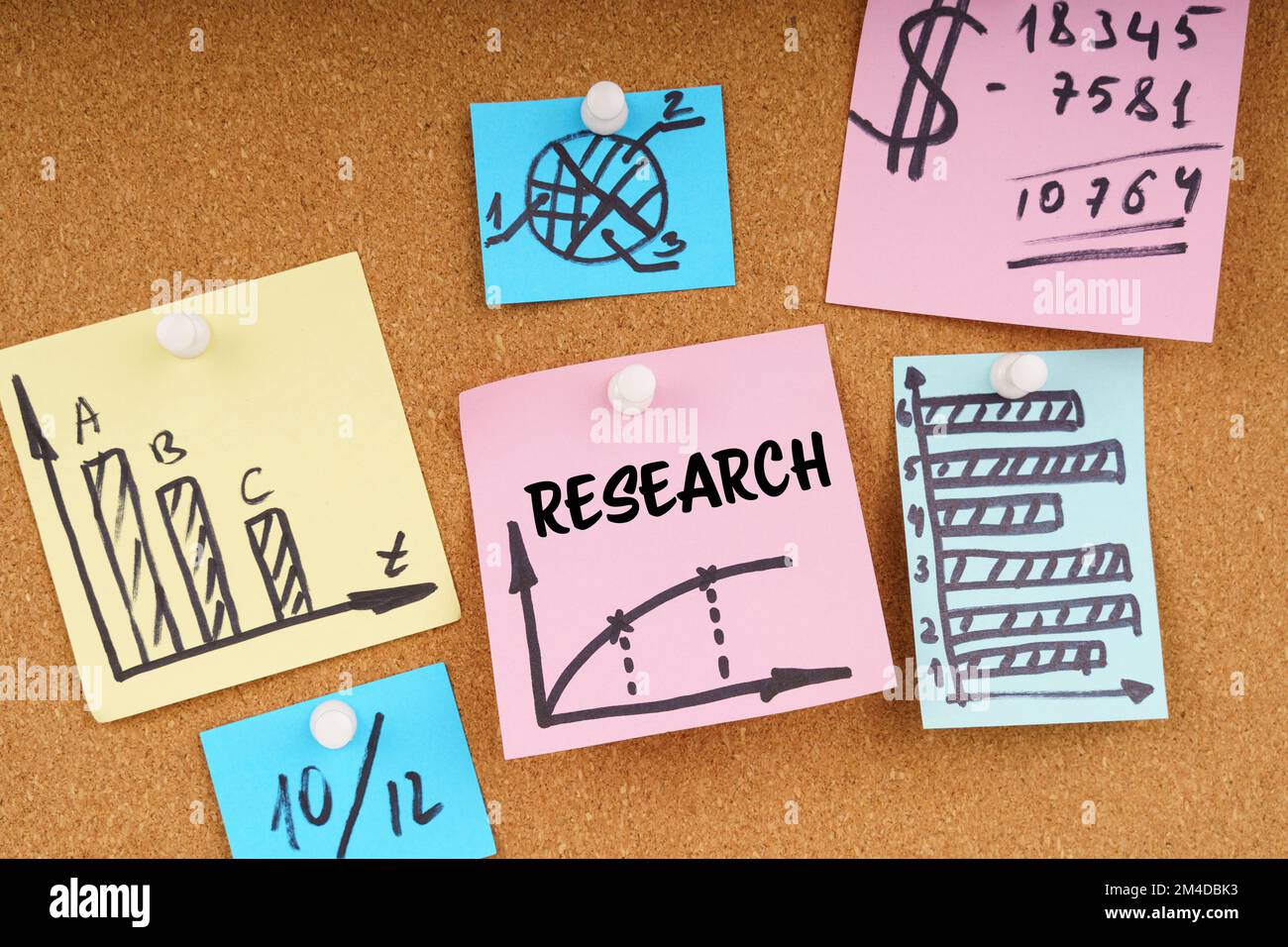 Concetto aziendale. Sul tabellone sono presenti adesivi con grafici e diagrammi e l'iscrizione - RICERCA Foto Stock