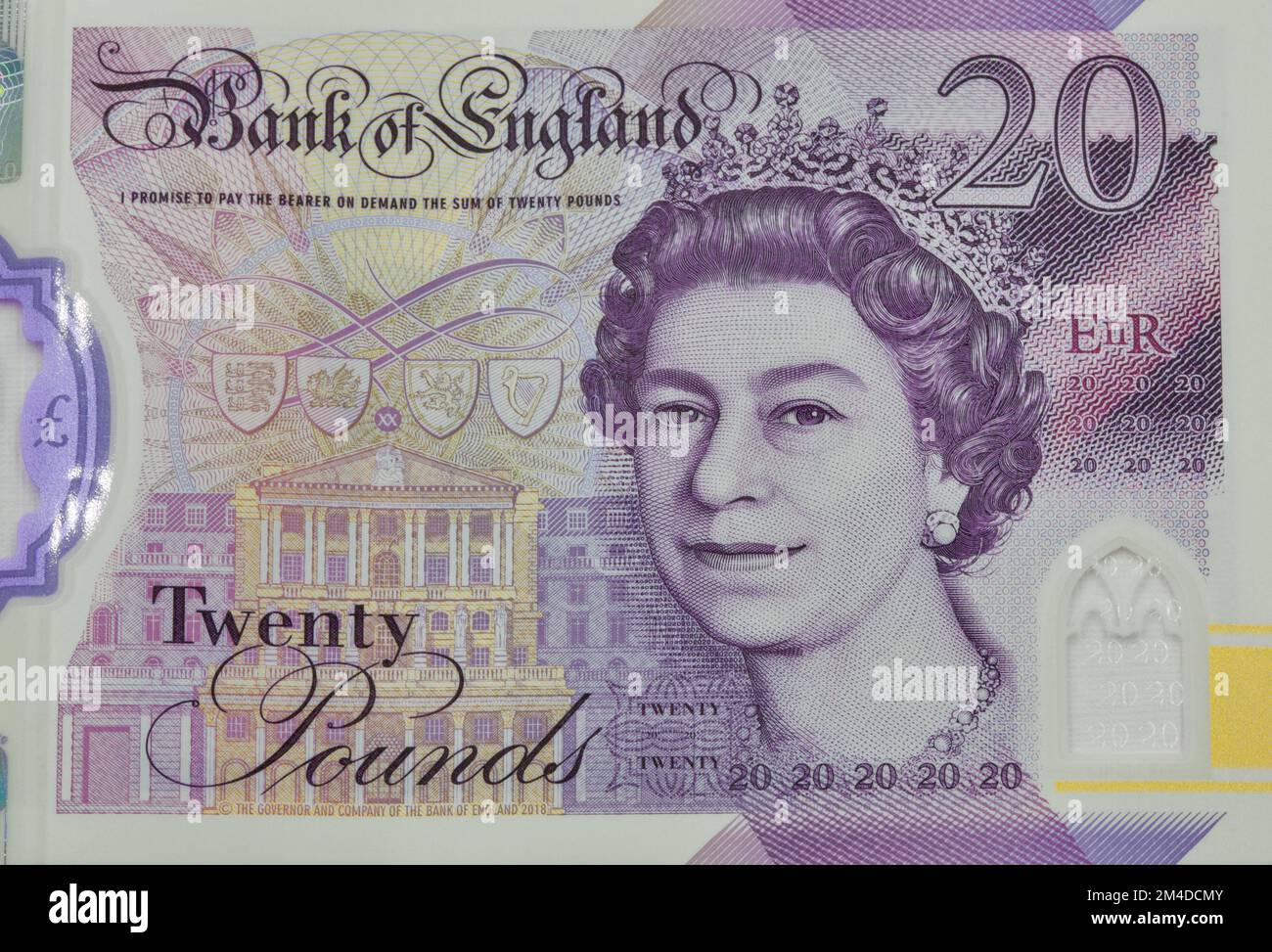 British venti libbre sterline banconote primo piano. Ritratto della regina Elisabetta II. Foto Stock